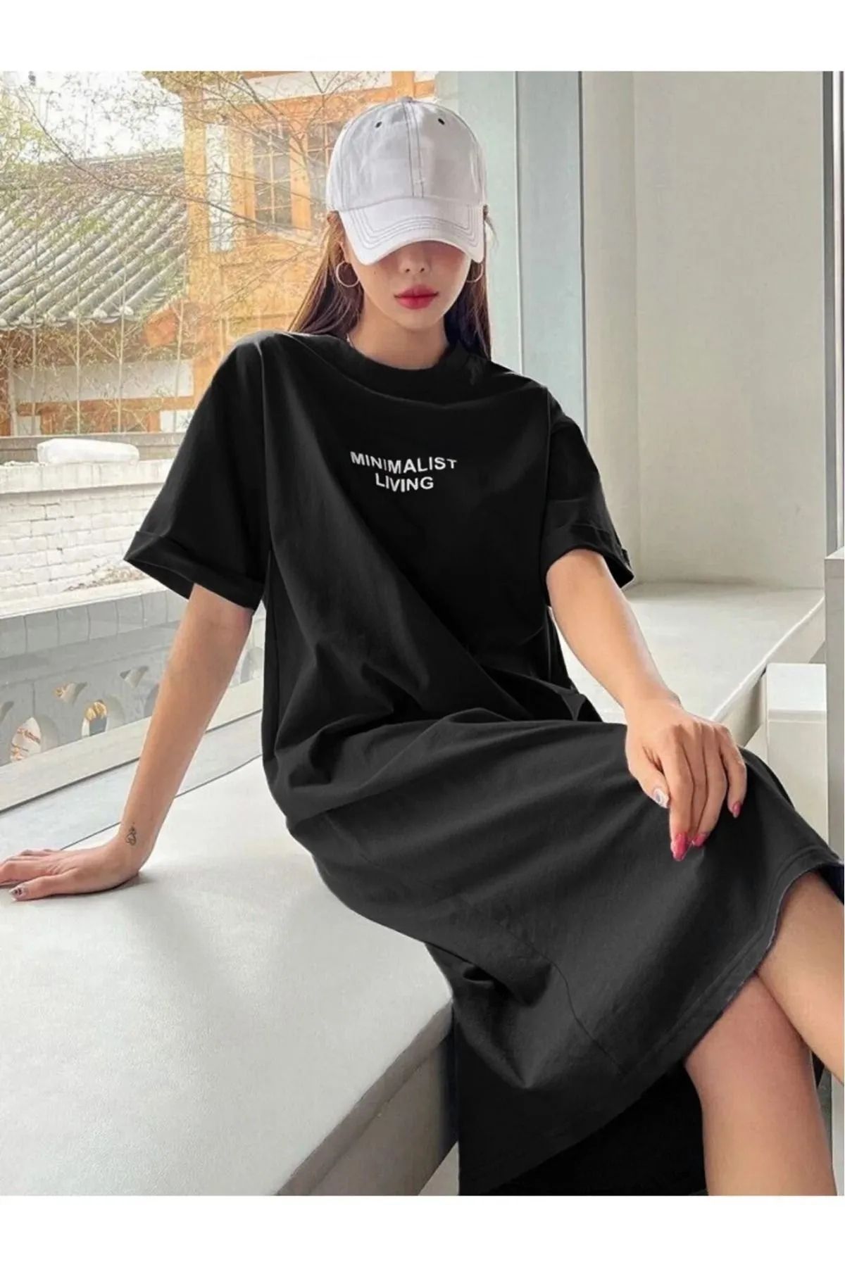 npLStore Kadın Minimalist Baskılı T-shirt Bisiklet Yaka Elbise/tunik