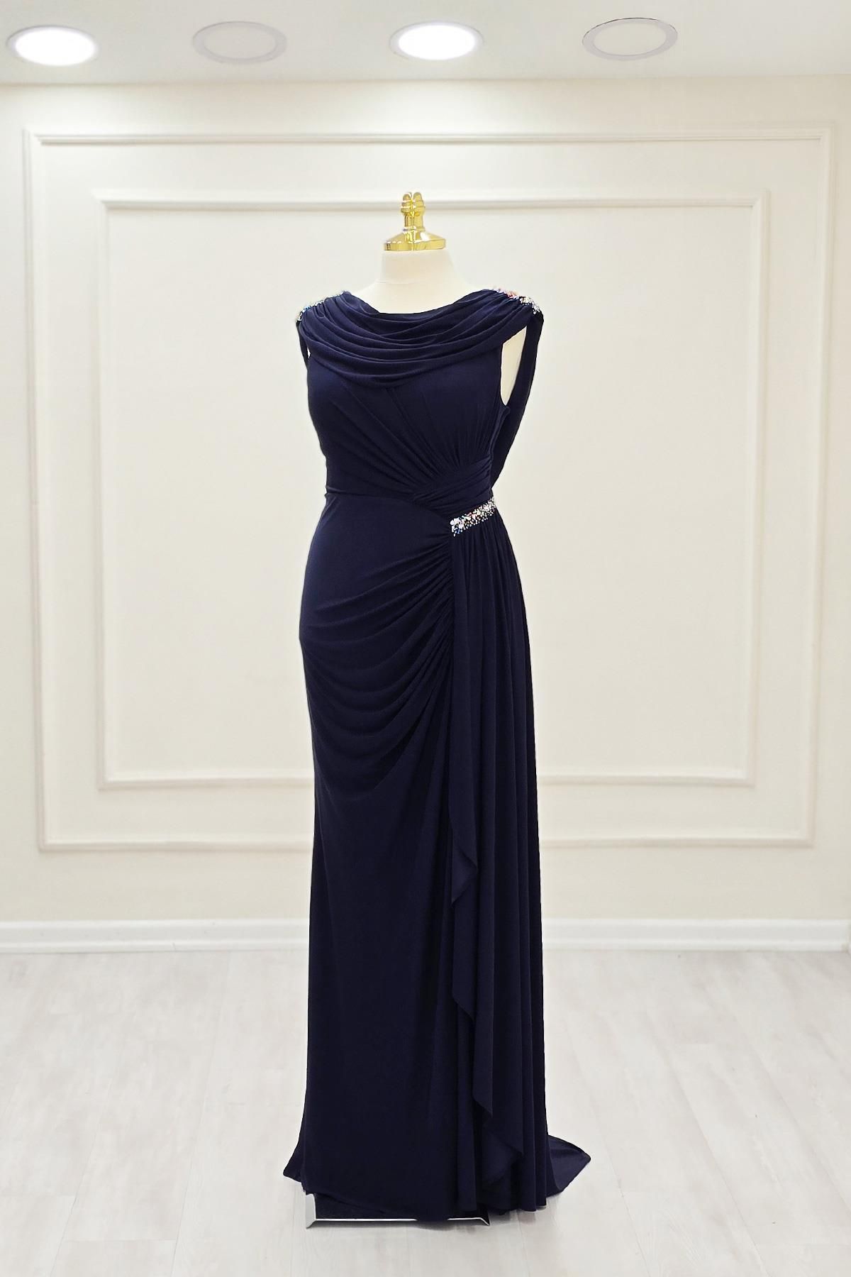 Yonca Moda Evi Lacivert Degaje Yaka Büyük Beden Abiye 0601