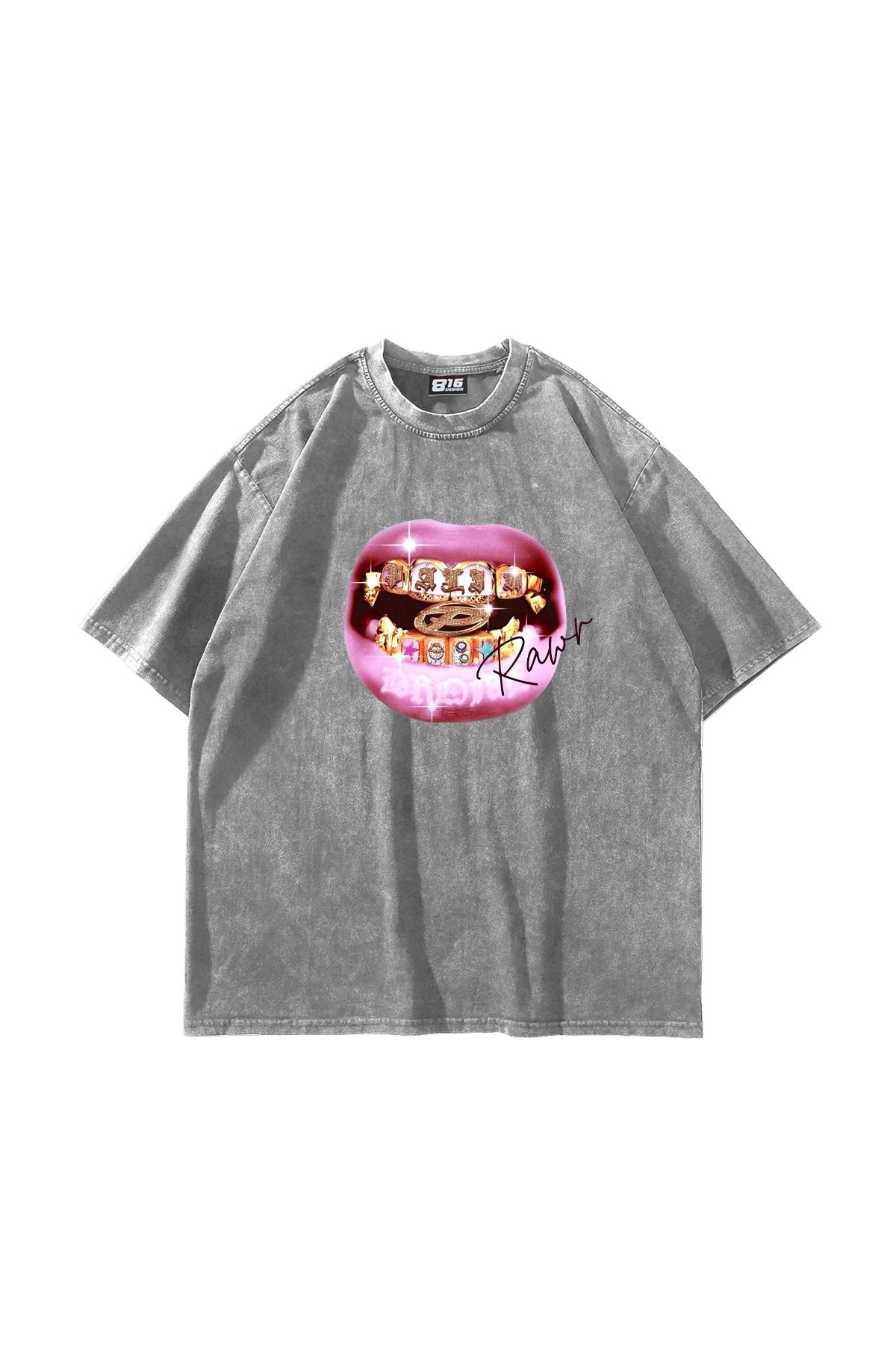 Sekizbiraltı Rawr Teeth Baskılı Oversize Unisex Yıkamalı Beyaz Tshirt
