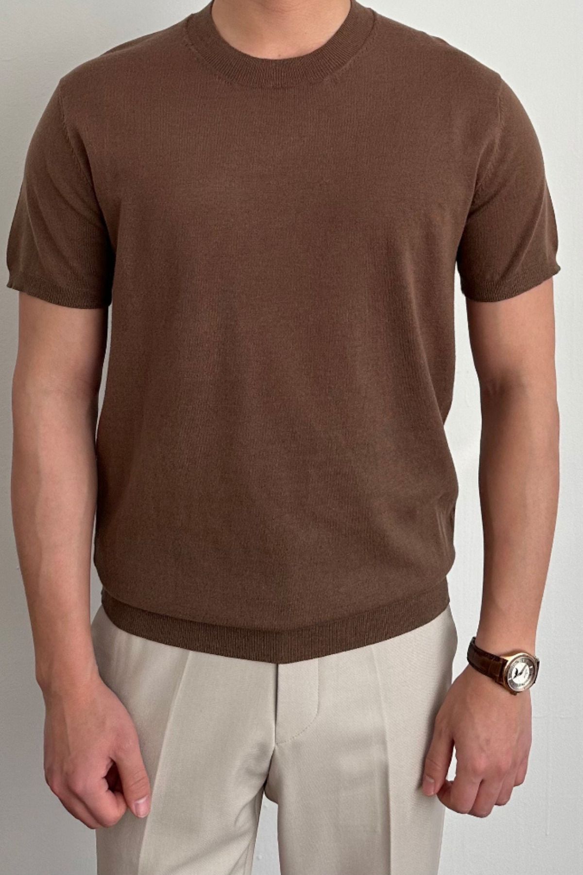 Tarz Cool Erkek Kahverengi Slim Fit Bisiklet Yaka Triko T-Shirt