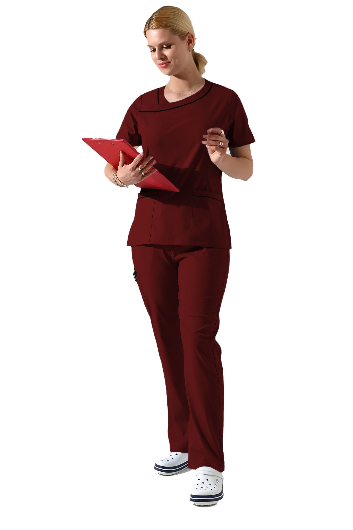 BEDUCA Bordo Likralı Yaka Detaylı Scrubs Takımı, Estetisyen Ve Güzellik Merkezi Forması