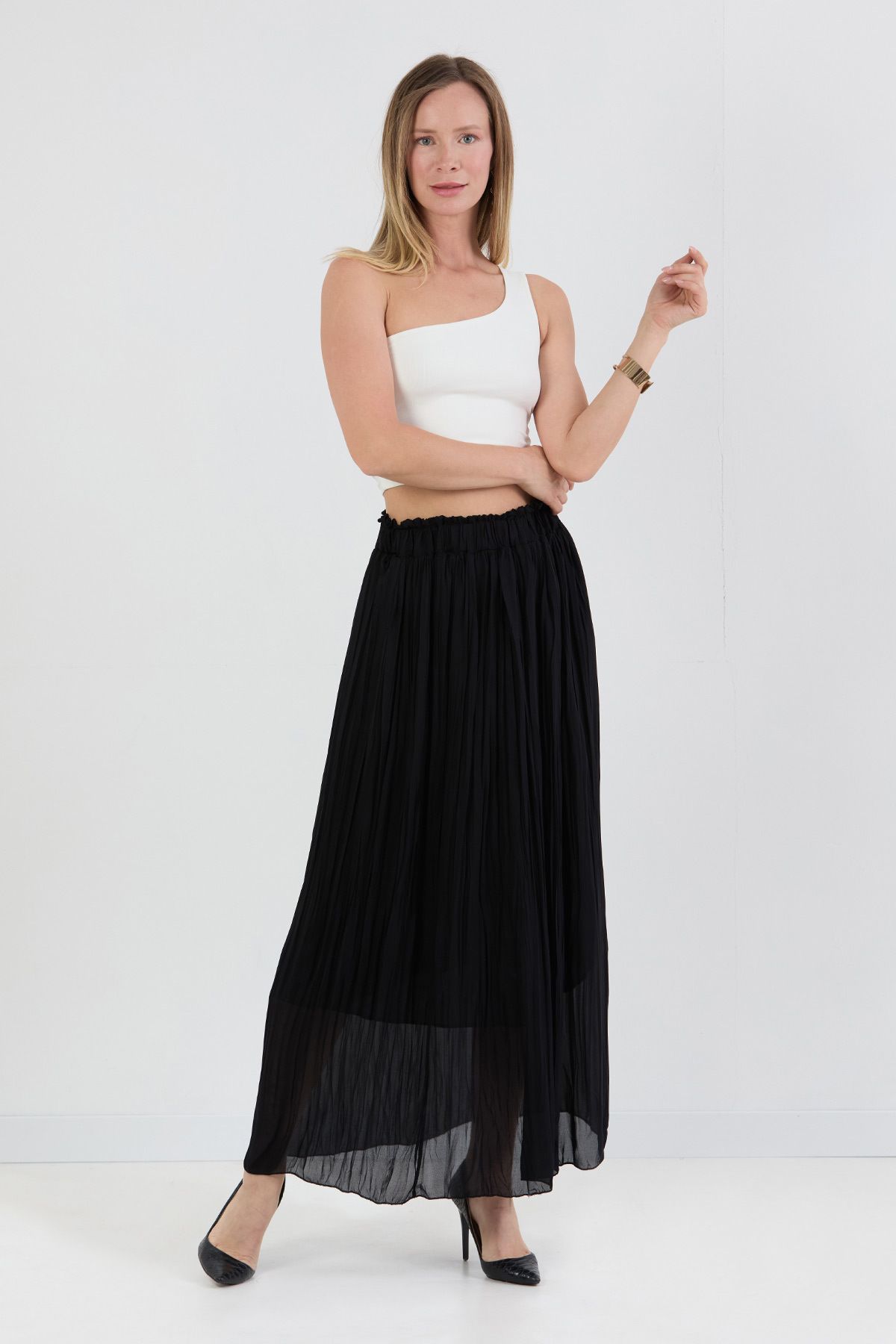 Fulla Moda Beli Lastikli Piliseli Şifon Etek