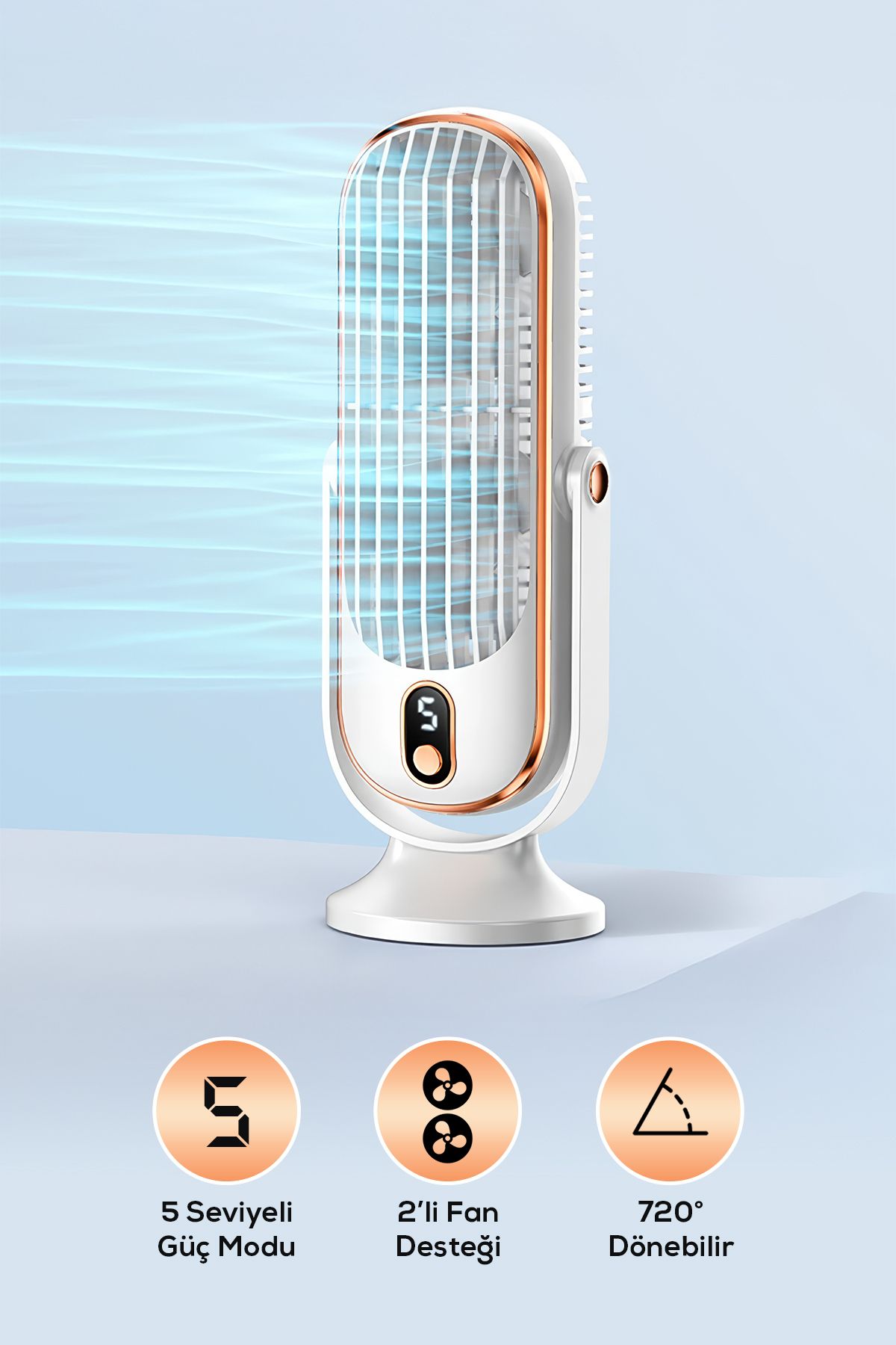 DEMPOWER 5 Kademeli Çift Fanlı Şarjlı Fan - 720° Dönebilir