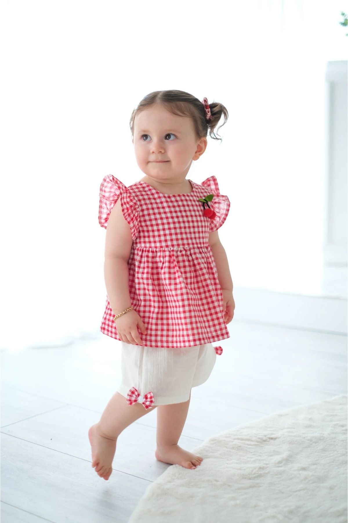 aysskids Cherry Ekose Kiraz Detaylı Kız Bebek İkili Takım
