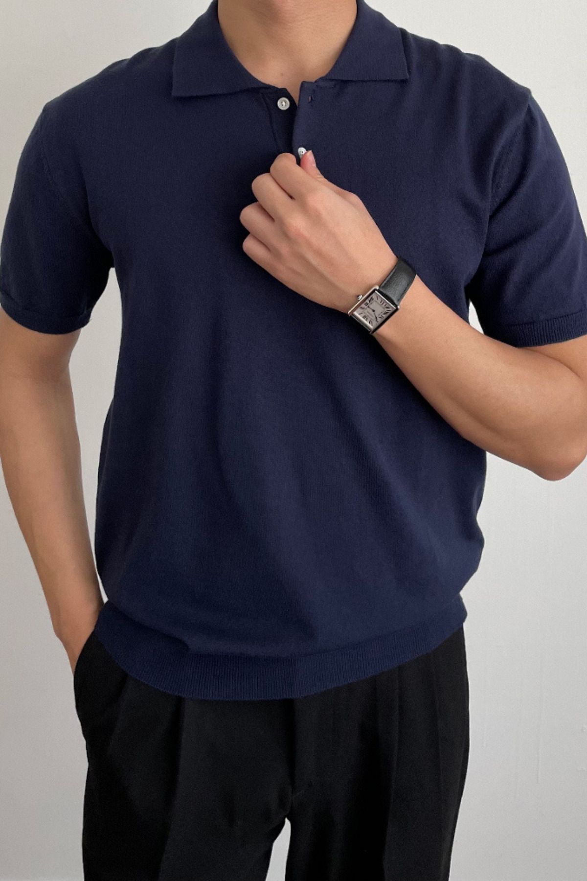 Tarz Cool Erkek Lacivert Düğmeli Regular Fit Triko T-Shirt