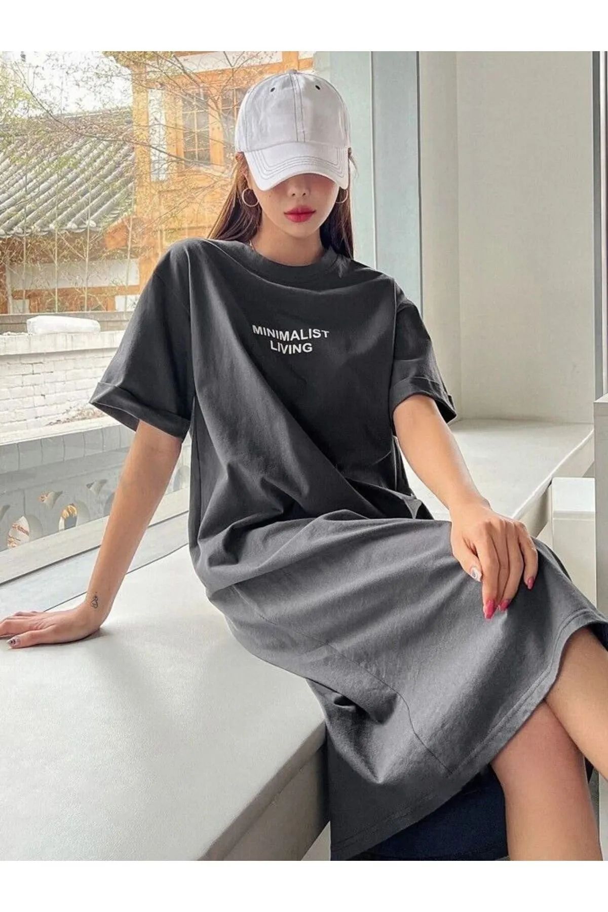 npLStore Kadın Minimalist Baskılı T-shirt Bisiklet Yaka Elbise/tunik