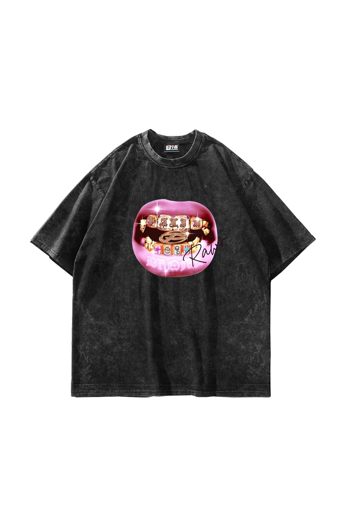 Sekizbiraltı Rawr Teeth Baskılı Oversize Unisex Yıkamalı Siyah Tshirt