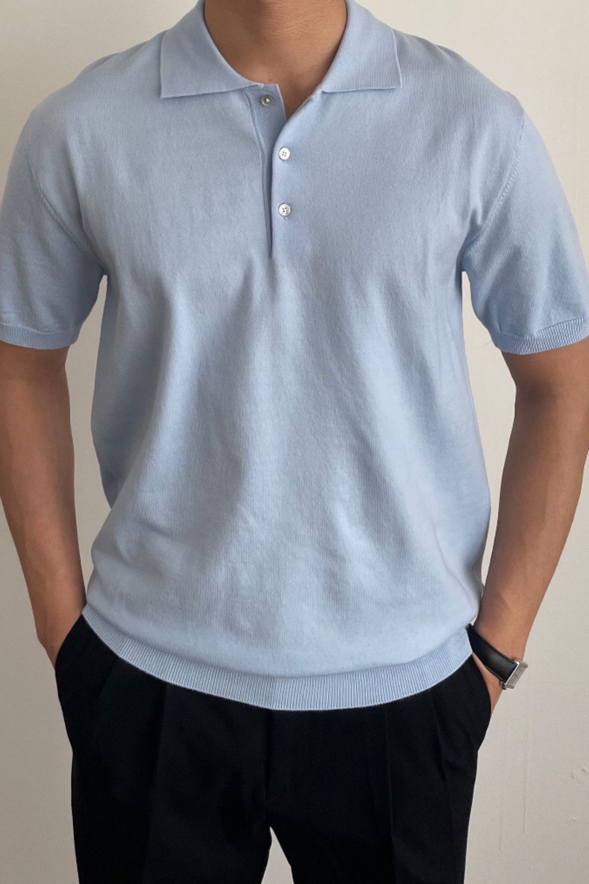 Tarz Cool Erkek Mavi Düğmeli Regular Fit Triko T-Shirt