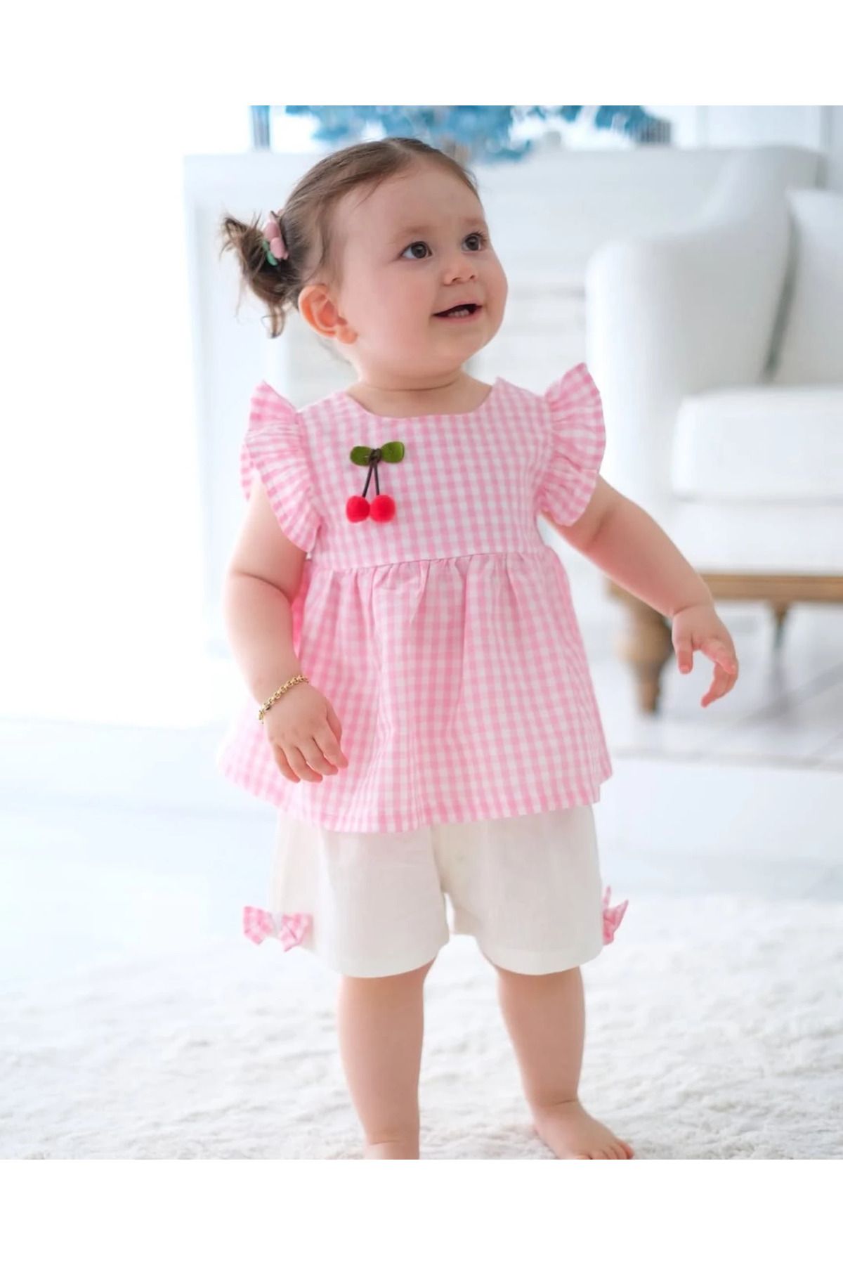 aysskids Cherry Ekose Kiraz Detaylı Kız Bebek İkili Takım