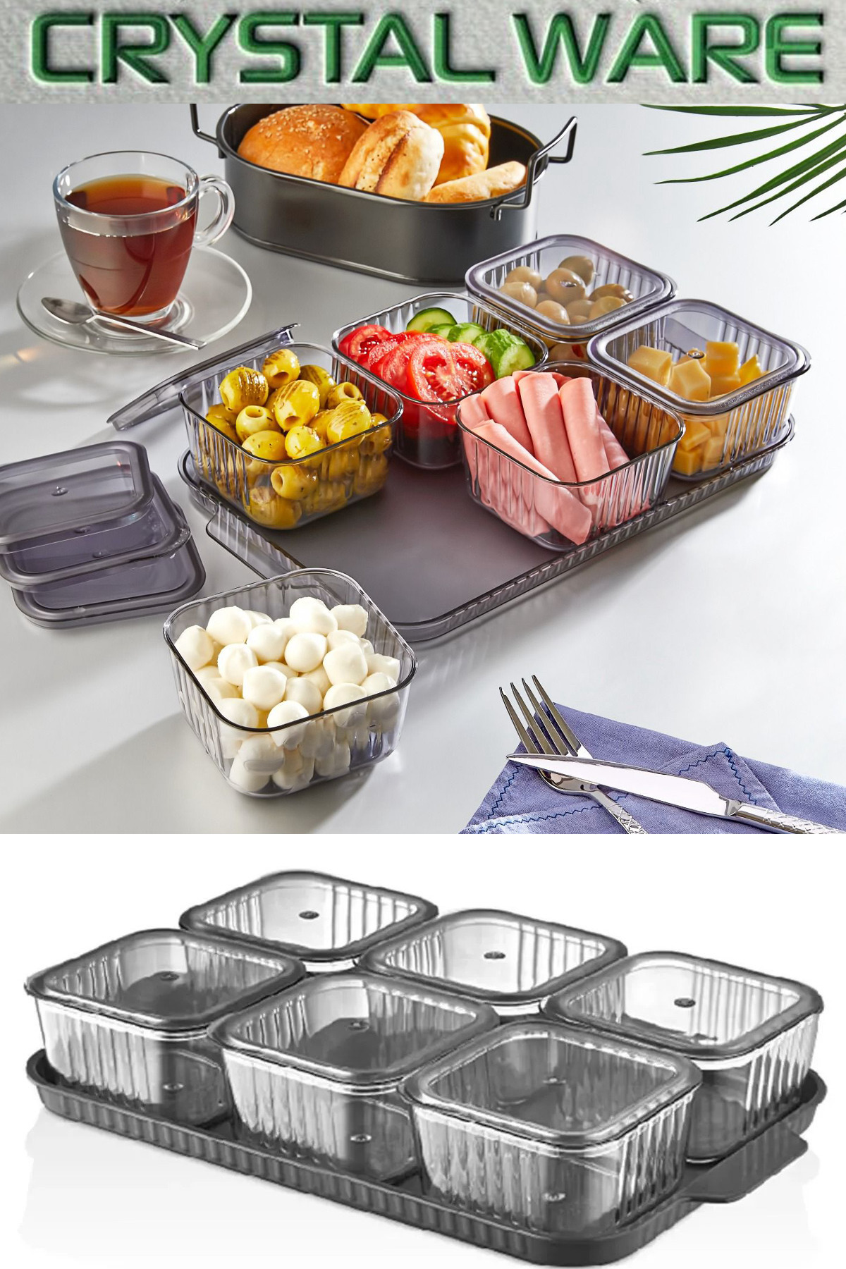 Crystal Ware 6 Lı Kare Midi Kahvaltılık Seti Kapaklı Tepsili
