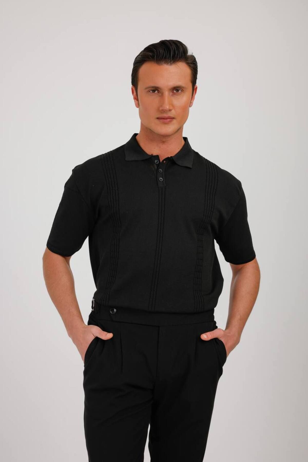 CULTURE BOUTIQUE Siyah Erkek Çizgi Desenli Polo Yaka T-Shirt, Erkek Siyah Tişört
