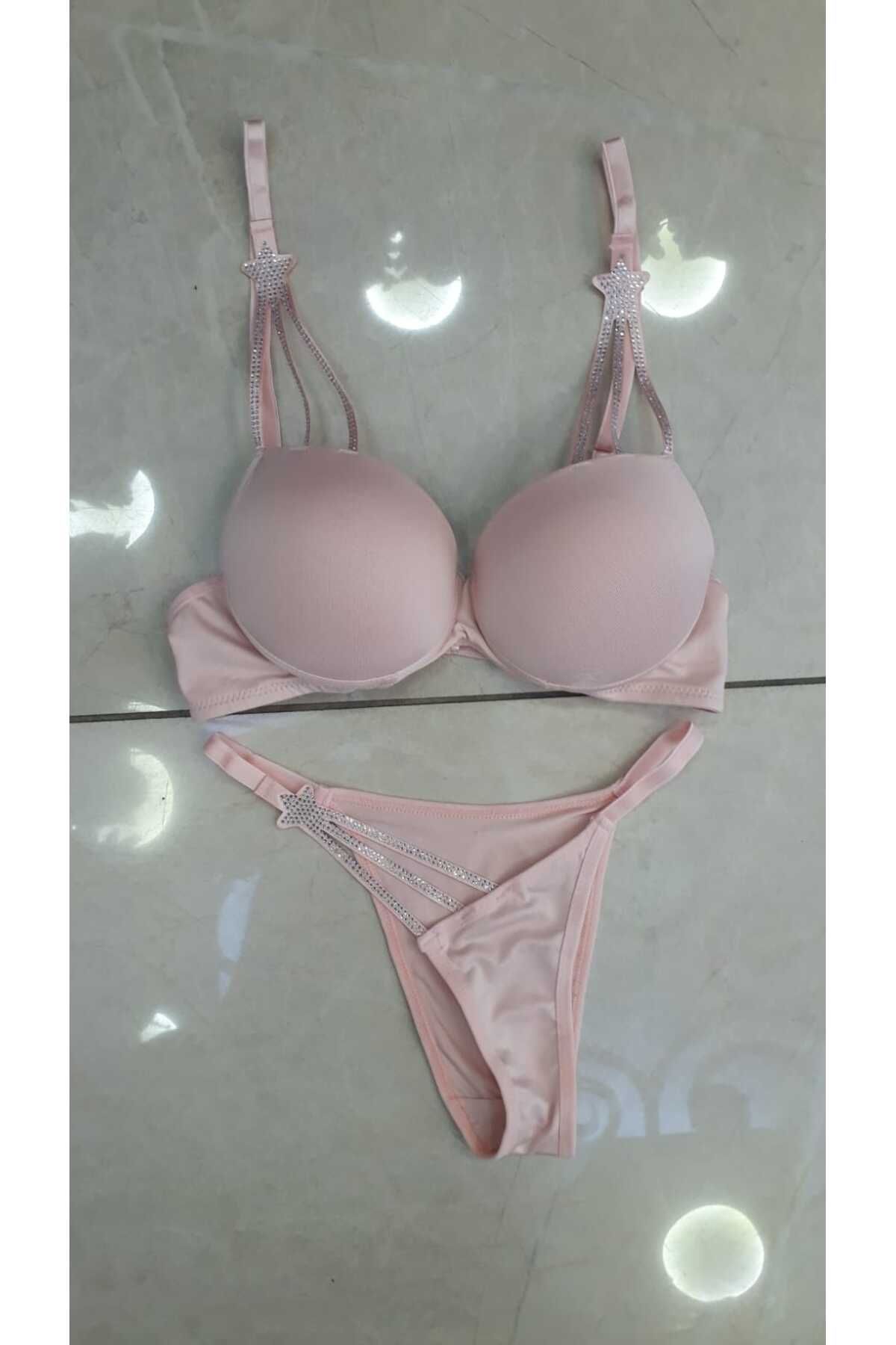 JUPİEL Stella Lingerie Yıldız Detaylı Taşlı Destekli Südyen Takım Somon