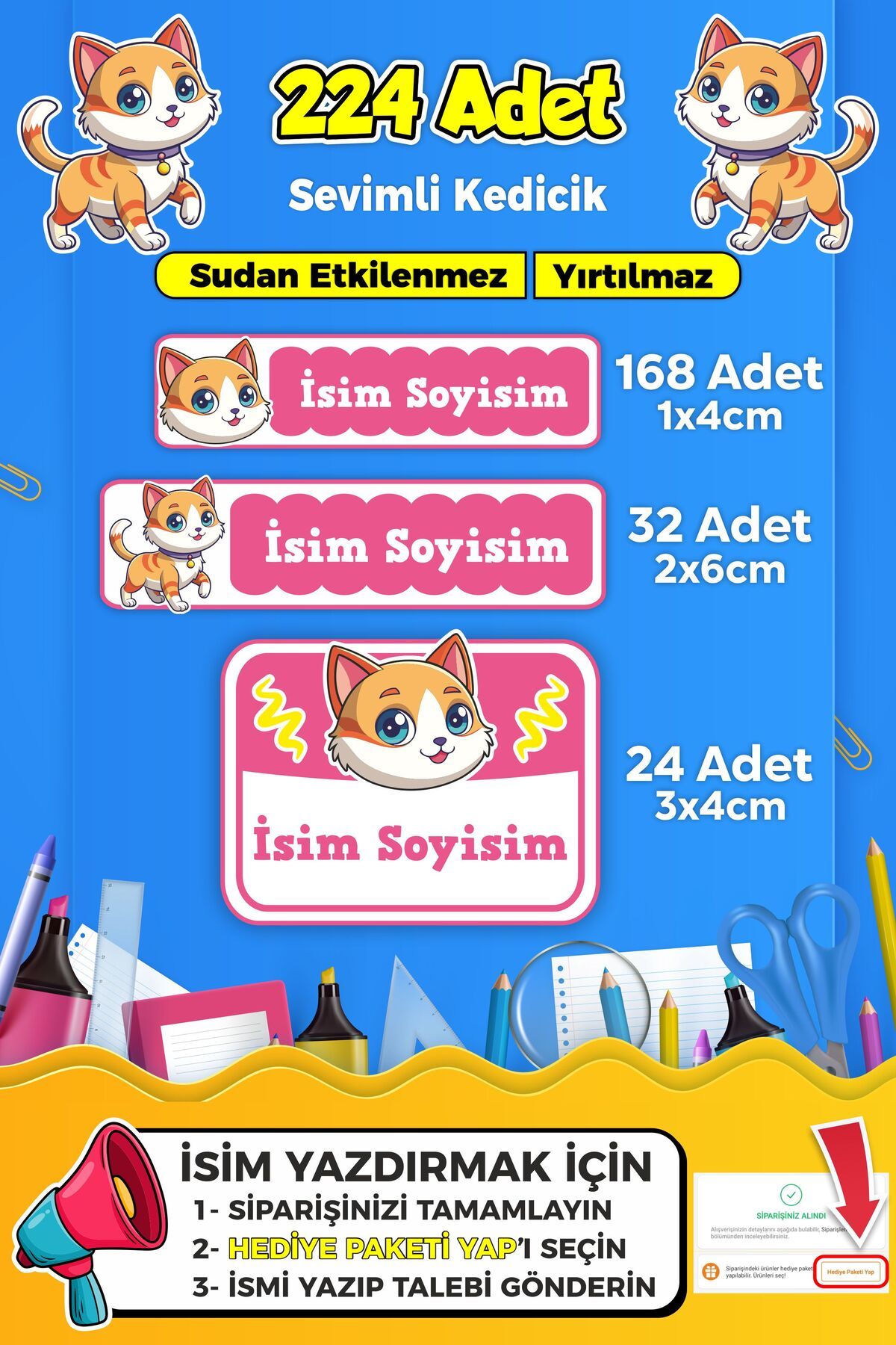 SB store Sevimli Kedi Temalı Okul Kreş Kişiye Özel isim Etiket Seti - Model 354