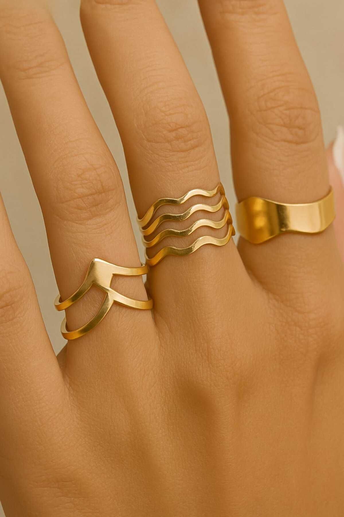 Çelik EKLEM YÜZÜK GOLD 3LÜ SET VİNTAGE