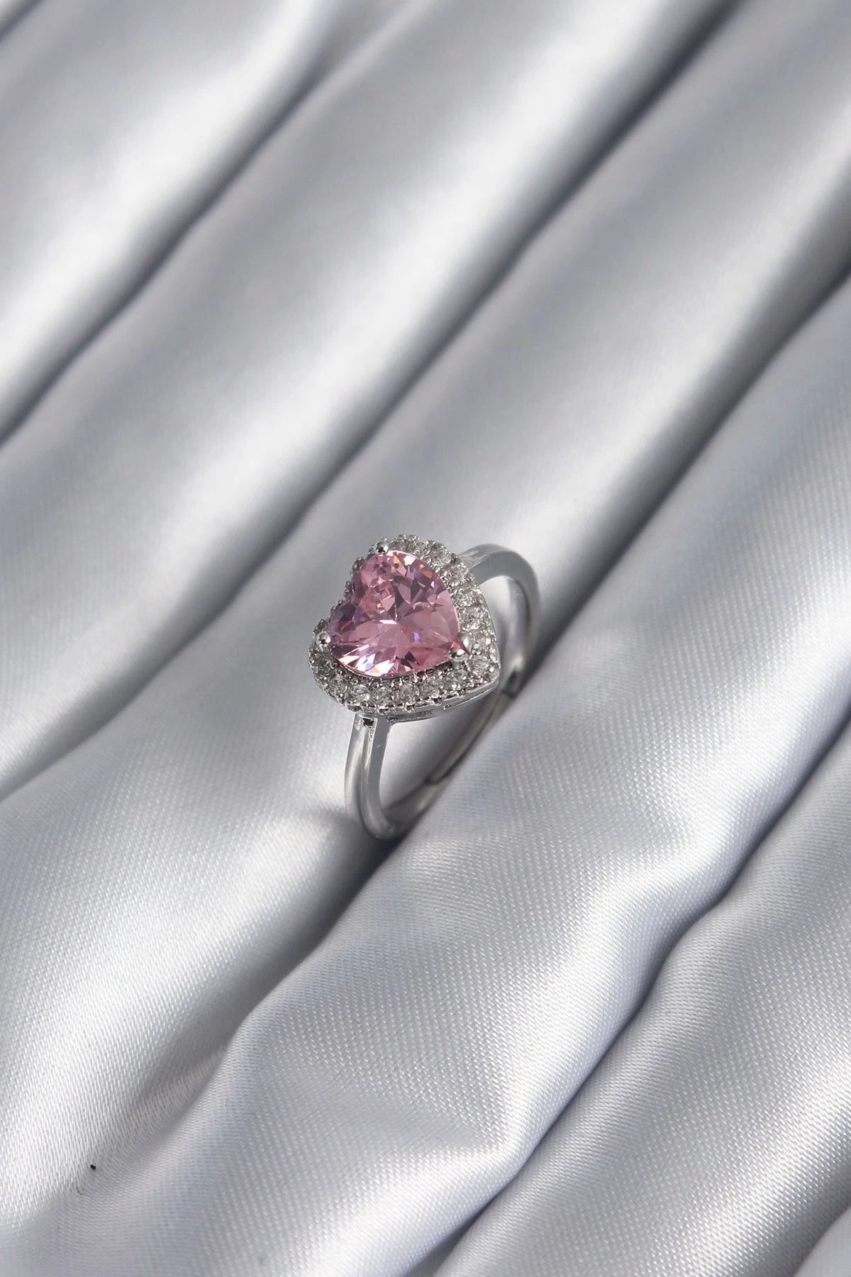Generic Pirinç Gümüş Renk Pembe Zirkon Taş Kalp Charm Model Kadın Yüzük