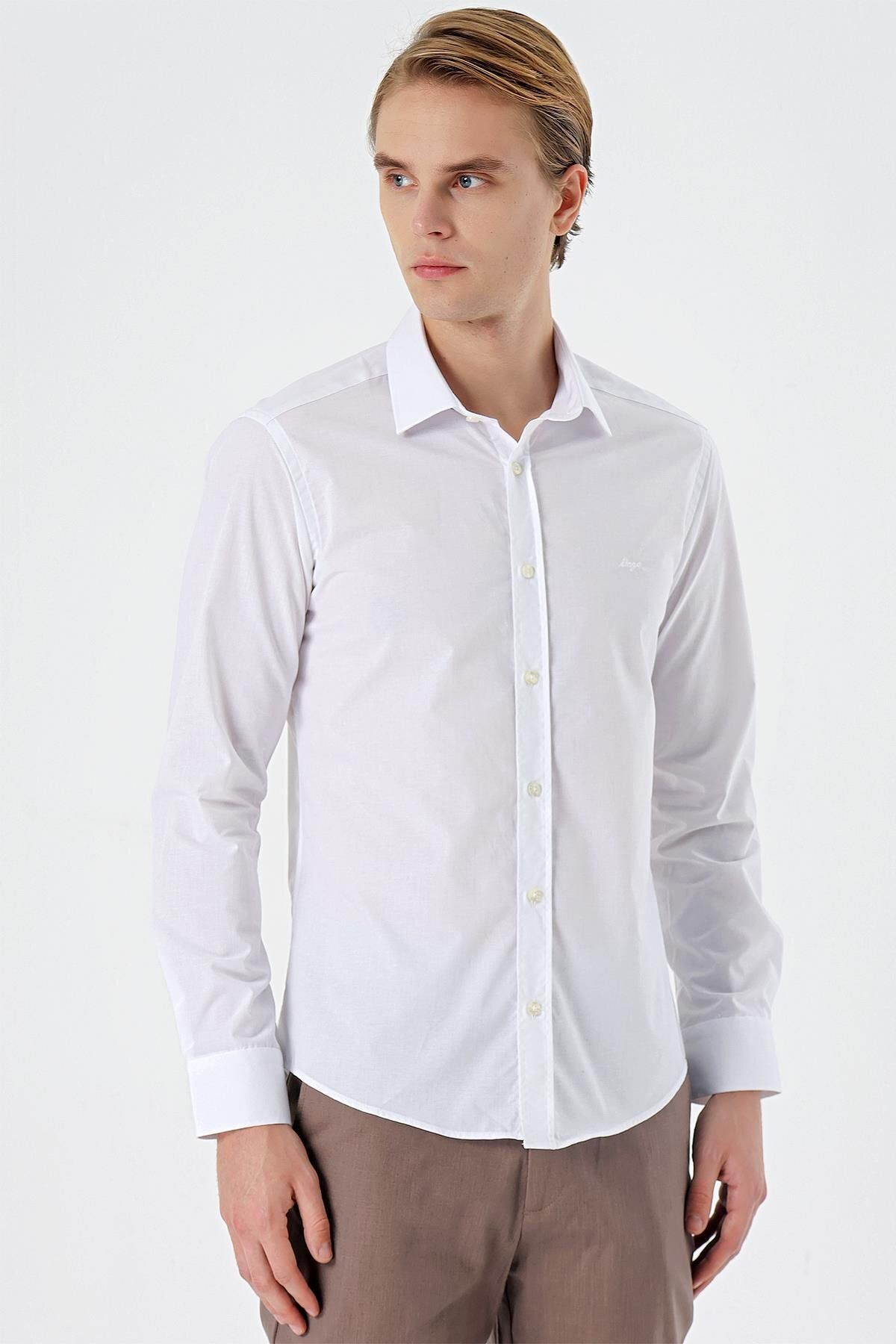 İmza Beyaz Uzun Kol Filafil Desen Filafil Sert Yaka Cepsiz Pamuklu Basic Slim Fit Gömlek 1004250008_600