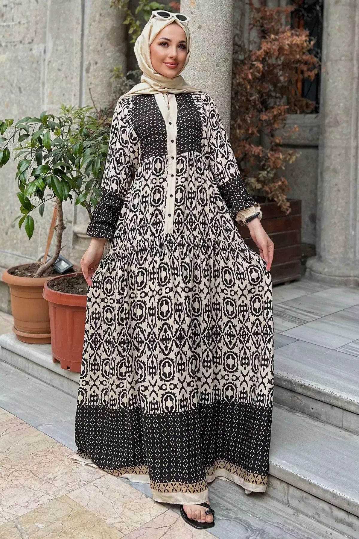 Aysan Moda Kadın Siyah Krem Desenli Viskon Tesettür Elbise