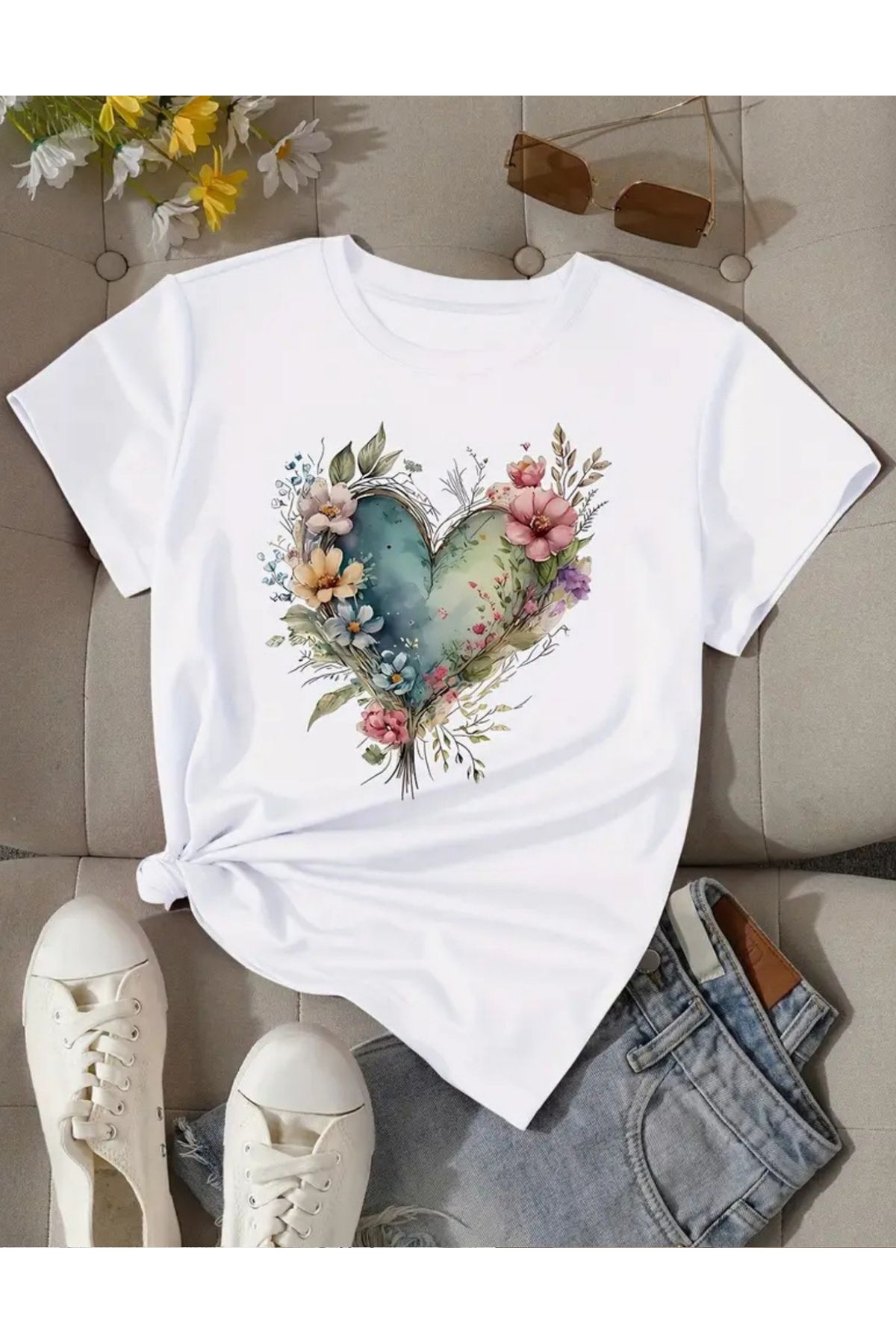 SAJA Unısex Kadın/Erkek Baskılı Oversize Düşük Kol Bisiklet Yaka T-Shirt