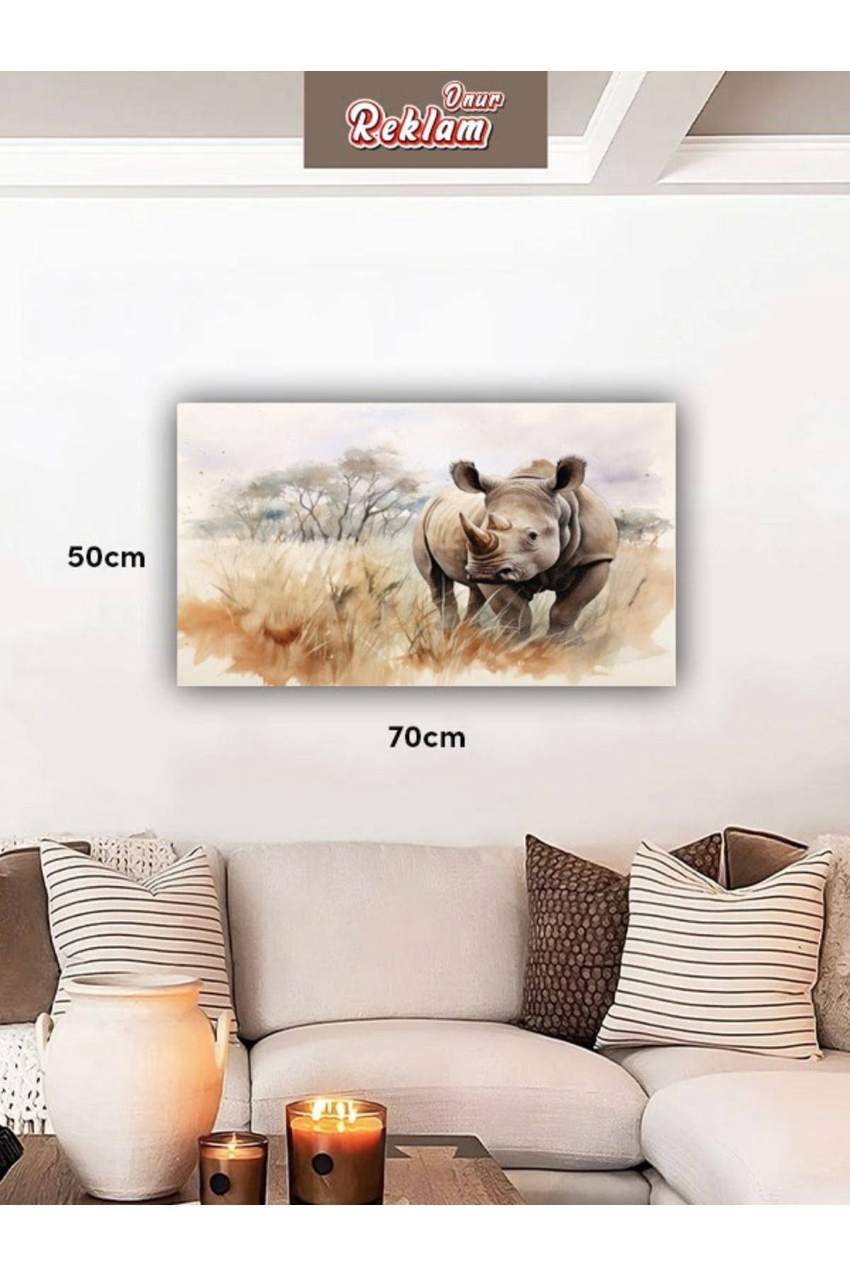 onurreklamonline Gergedan Figürlü Dekoratif Tablo – 50x70 cm – Dekota Üzeri Folyo Baskı – Modern Duvar Dekoru