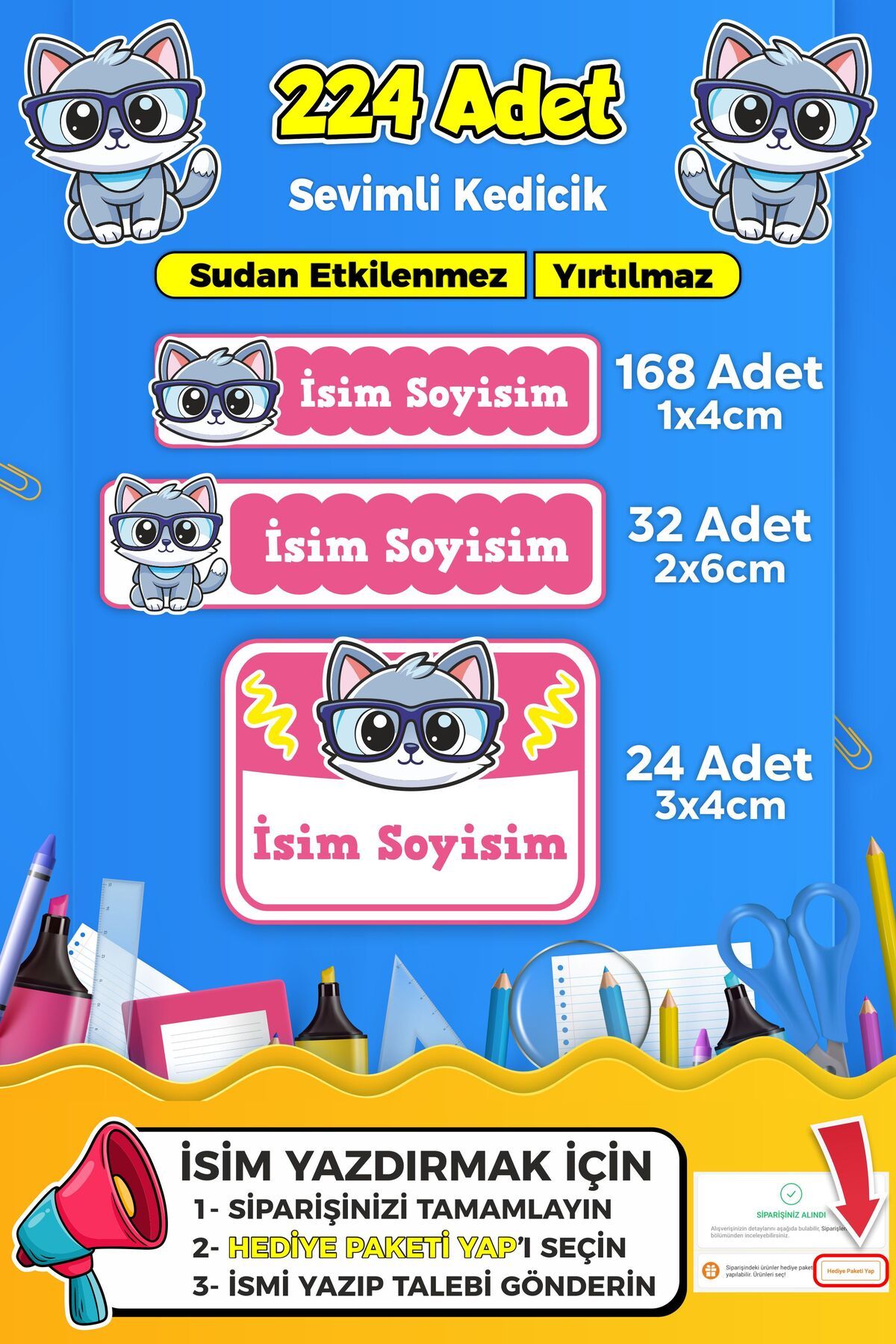 SB store Sevimli Kedi Temalı Okul Kreş Kişiye Özel isim Etiket Seti - Model 342