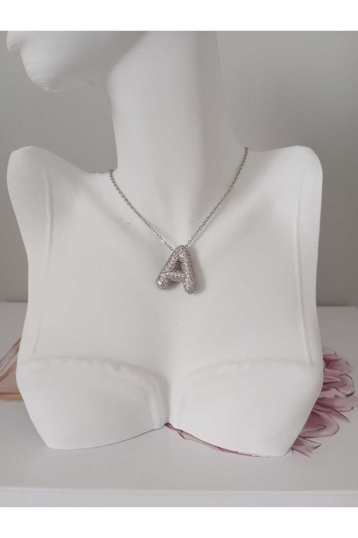 sessjewelry Kadın Çelik Silver Zirkon Taşlı A Harfli Kolye