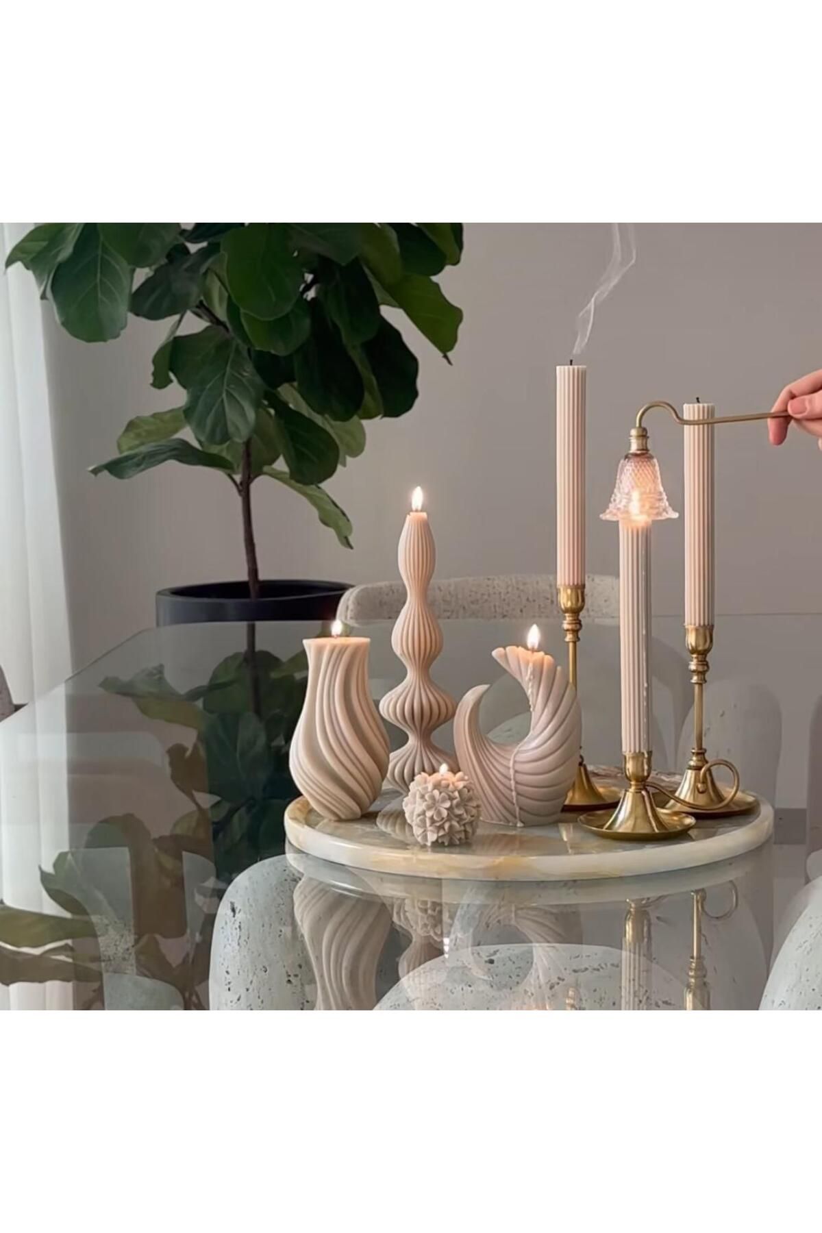 SCA CANDLE Dekoratif Mum Marako model +Ay+Vazo +Gül +Şamdanlık Mum + Adet toplam 7 parça ketan renk