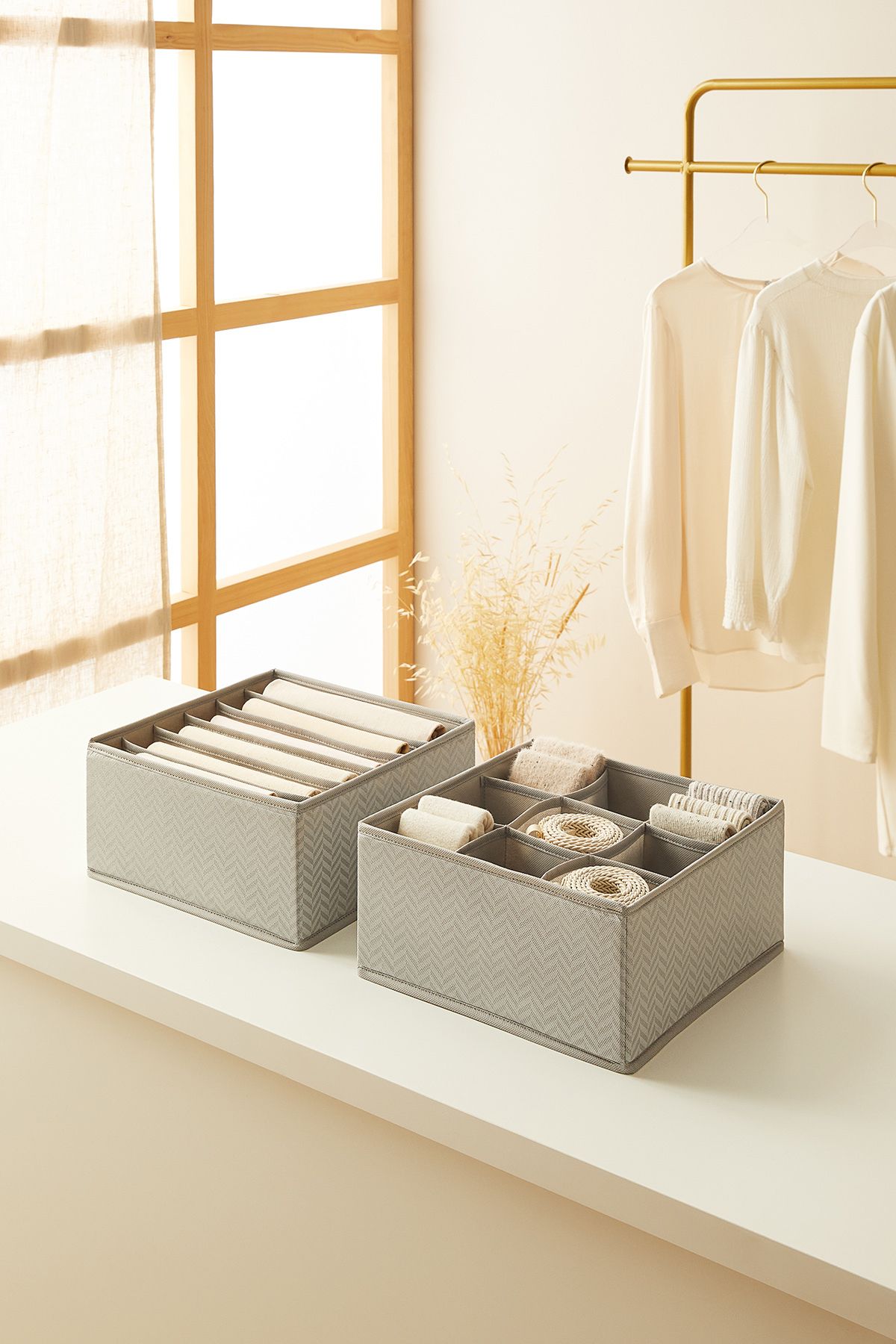 Ocean Home Textile 2'li Bölmeli Gri Balıksırtı Çekmece İçi Düzenleyici Kutu Set