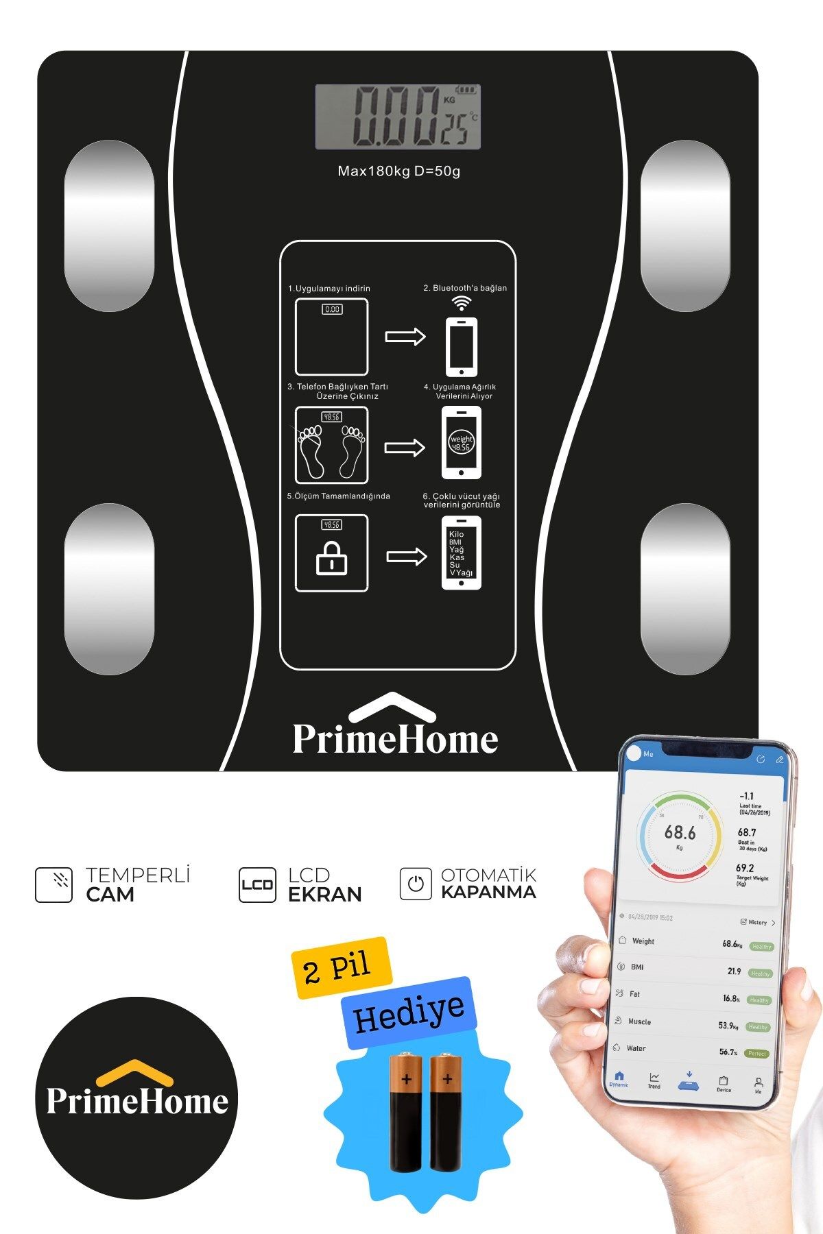 PRİME HOME Dijital Baskül Yağ Su Kas Vücut Kitle Endeksi Kilo Ölçer Tartı Bluetooth Siyah