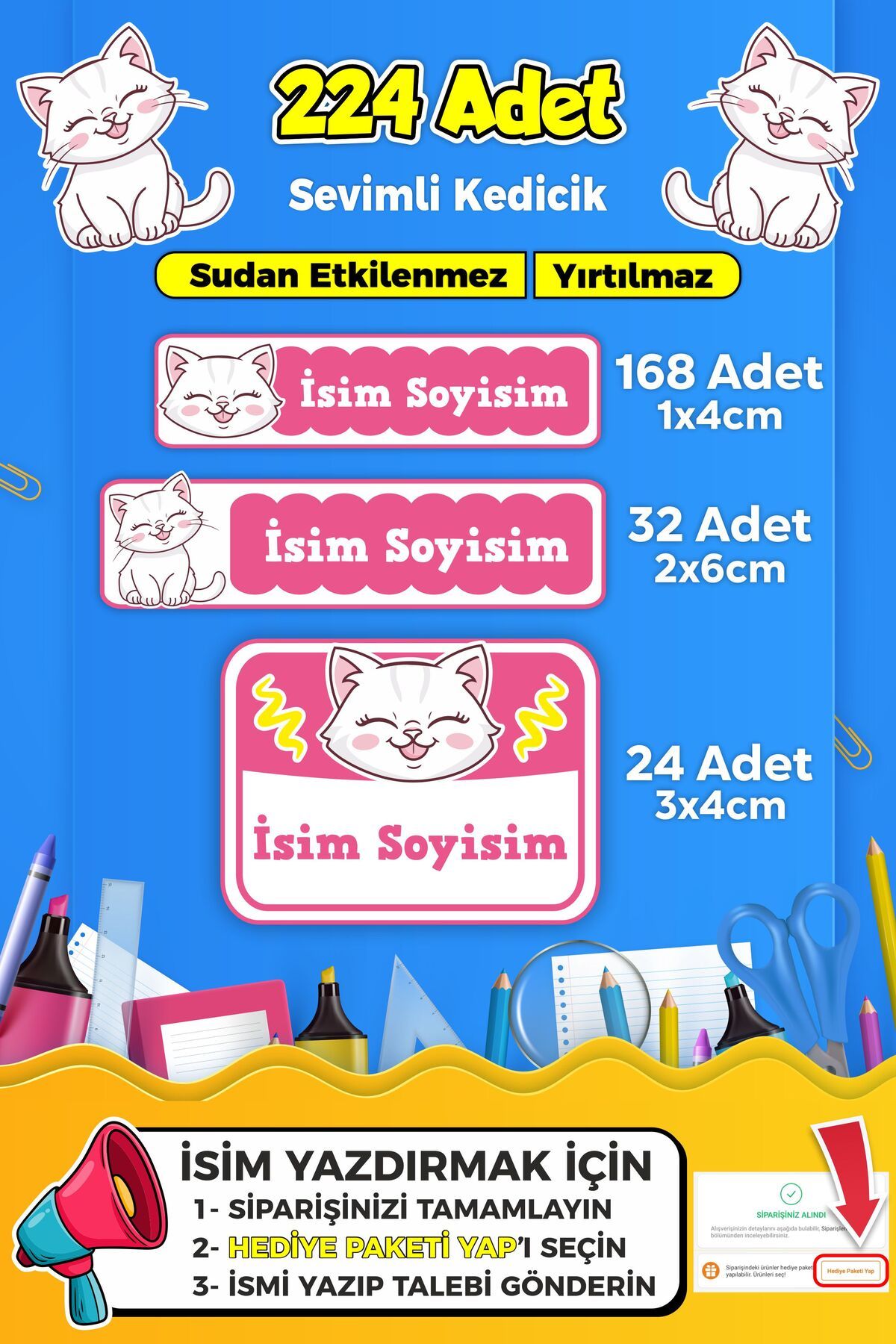 SB store Sevimli Kedi Temalı Okul Kreş Kişiye Özel isim Etiket Seti - Model 356