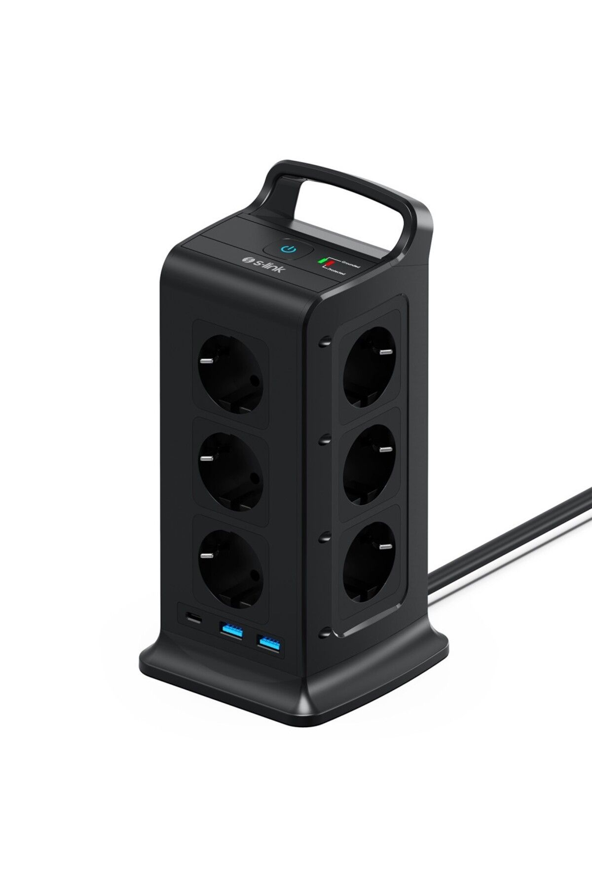 S-LINK PRZ02 VoltBar 12 Soketli 2*USB+TYPE-C PD Hızlı Şarjlı 2M 1050 Joule Tam Bakır Kablolu Kule Ak