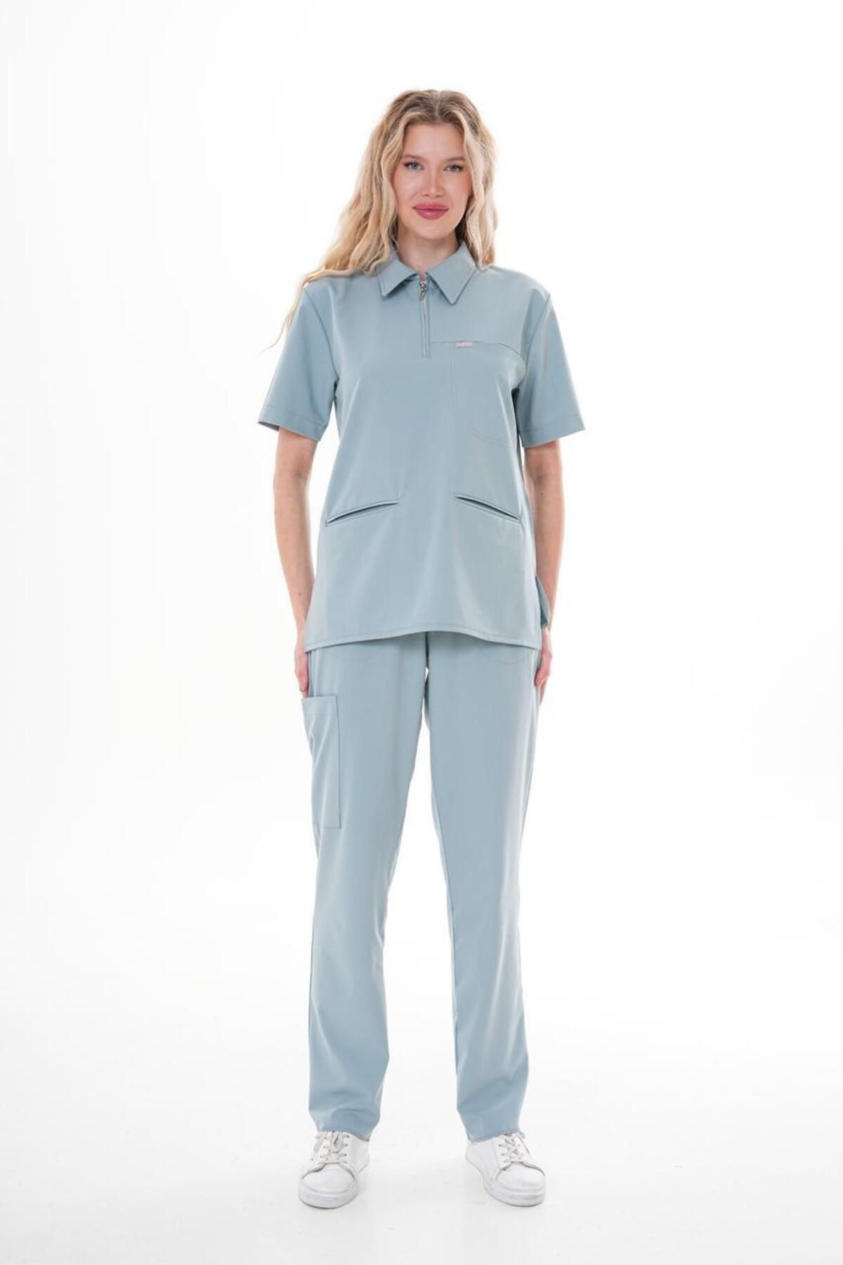 SCRUBS ÜNİFORMA Kadın Likralı Yakalı Takma Kol Fermuar Detaylı Cerrahi Takım Scrubs Üniforma Cerrahi Forma