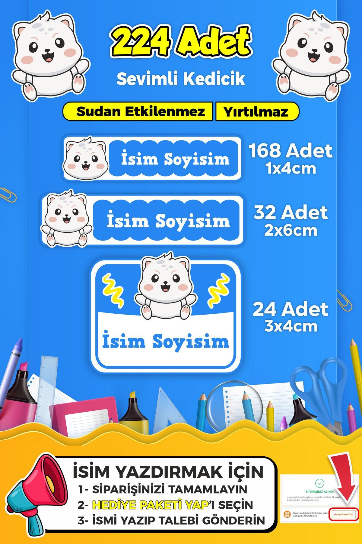SB store Sevimli Kedi Temalı Okul Kreş Kişiye Özel isim Etiket Seti - Model 345