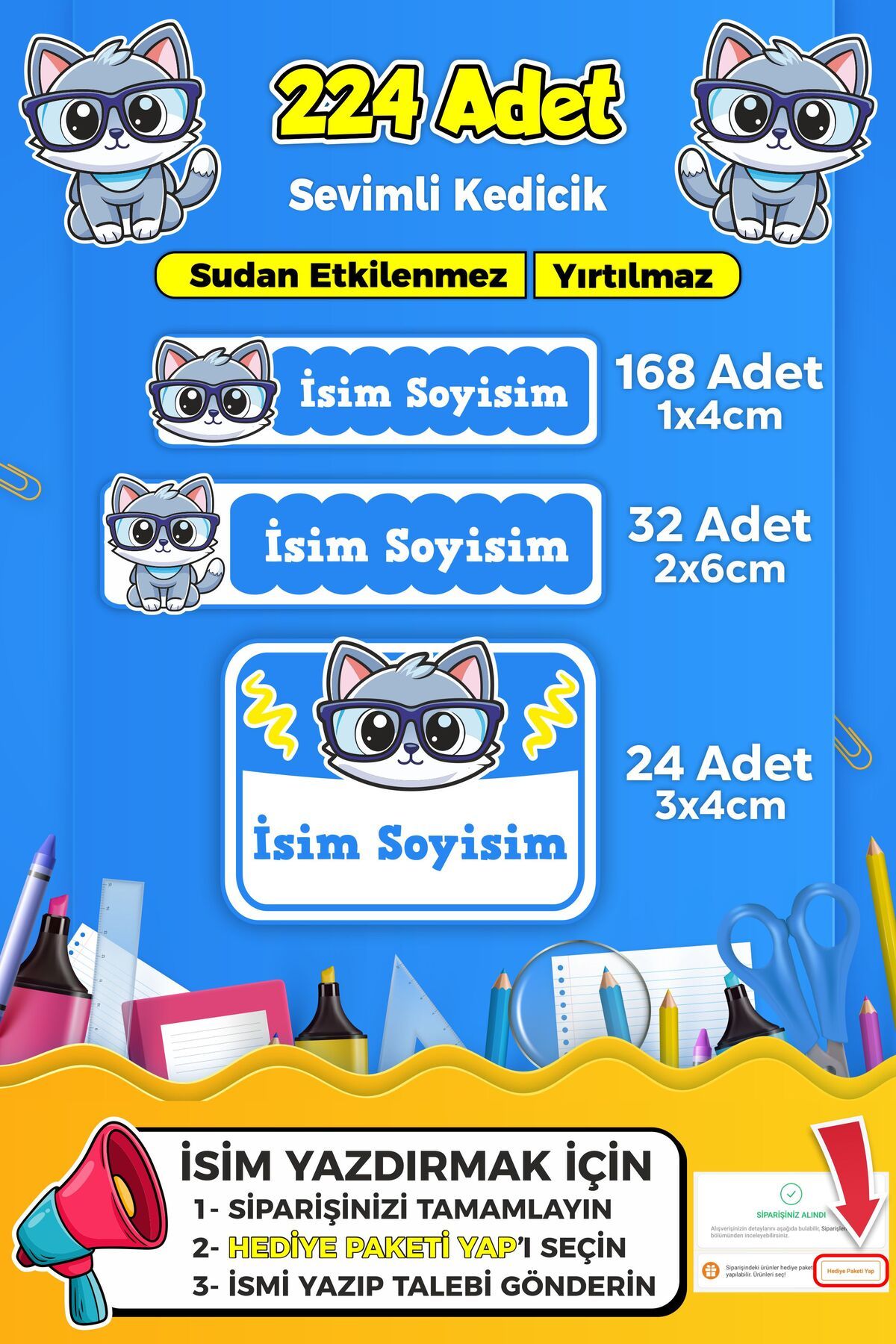 SB store Sevimli Kedi Temalı Okul Kreş Kişiye Özel isim Etiket Seti - Model 343