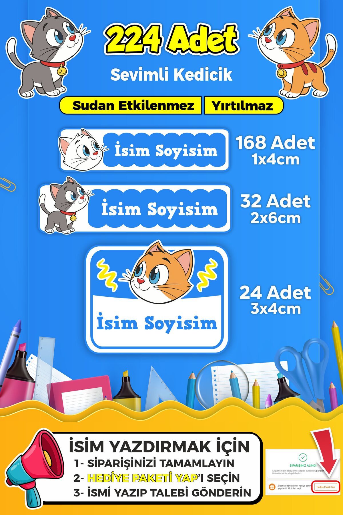 SB store Sevimli Kedi Temalı Okul Kreş Kişiye Özel isim Etiket Seti - Model 366