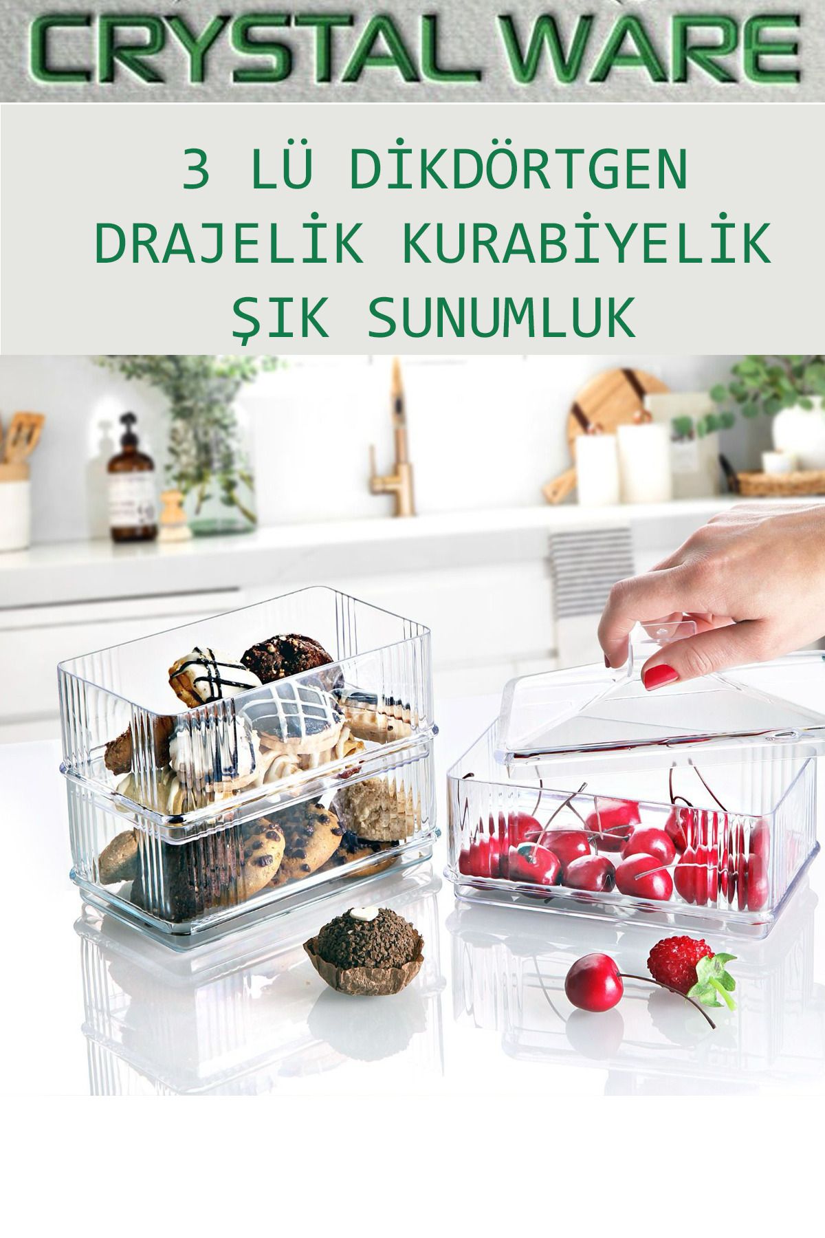 Crystal Ware 3 Lü Şeffaf Dikdörtgen Saklama Kabı Drajelik, Çerezlik, Kurabiyelik, Sunumluk F123