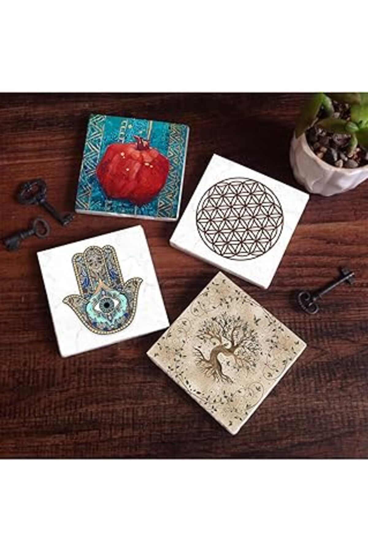Pİ GLOBAL Pinecone Yaşam Çiçeği, Hayat Ağacı, Nar, Fatma Ana Eli (Hamsa) Taş Bardak Altlığı Seti - 4 Parça -