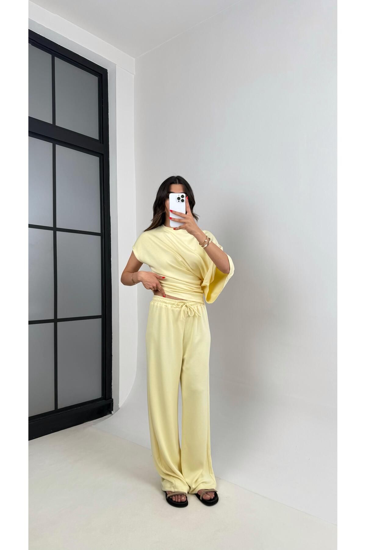 Gaus Sarı Yarasa Kol Bluz Beli Lastikli Pantolon Tasarım Modal Kumaş Takım Gaus00490