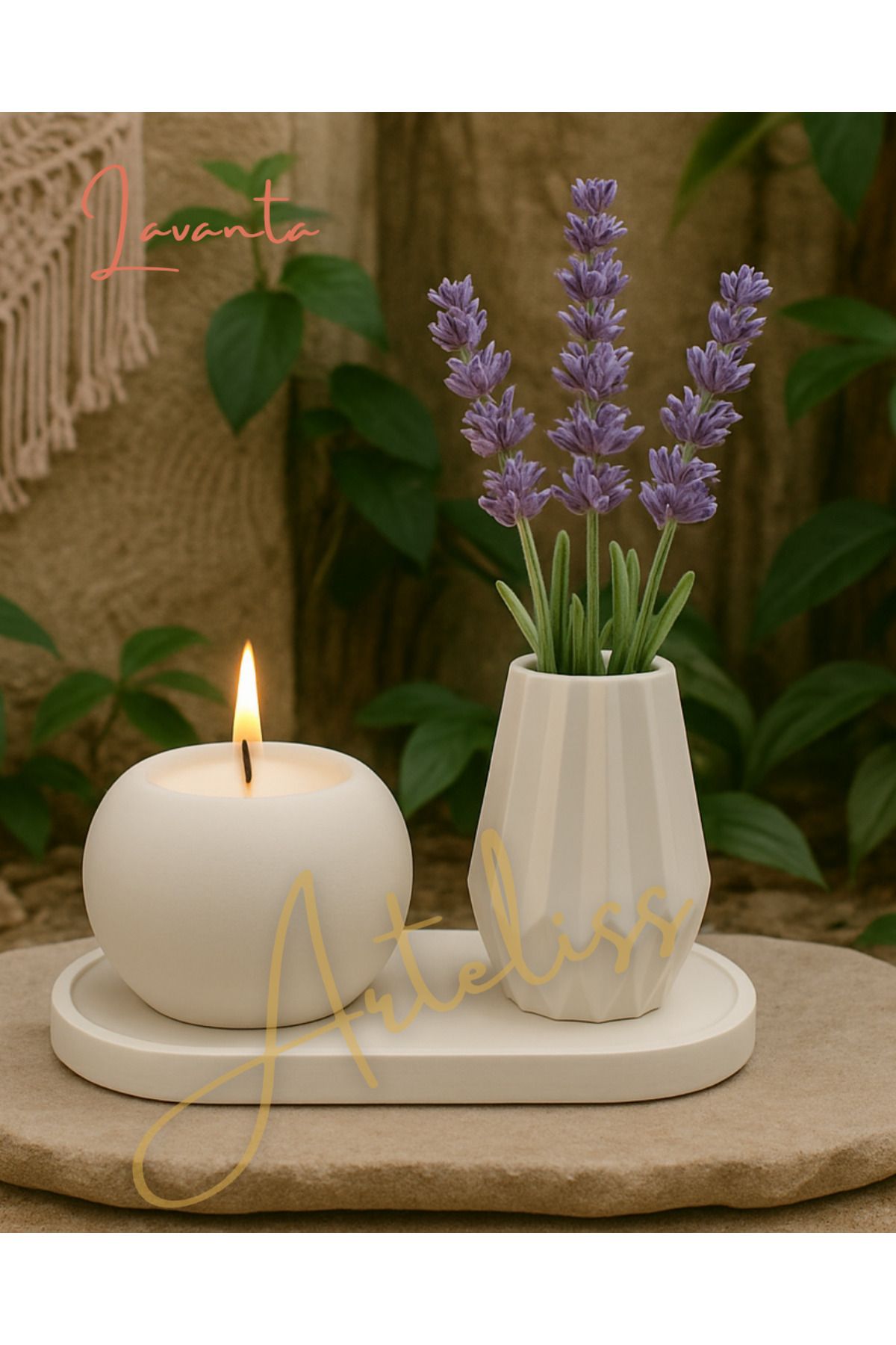 Arteliss Lavanta Kokulu Mum & Vazo Seti | Dekoratif Tepsili | Minimal Iskandinav Dekor