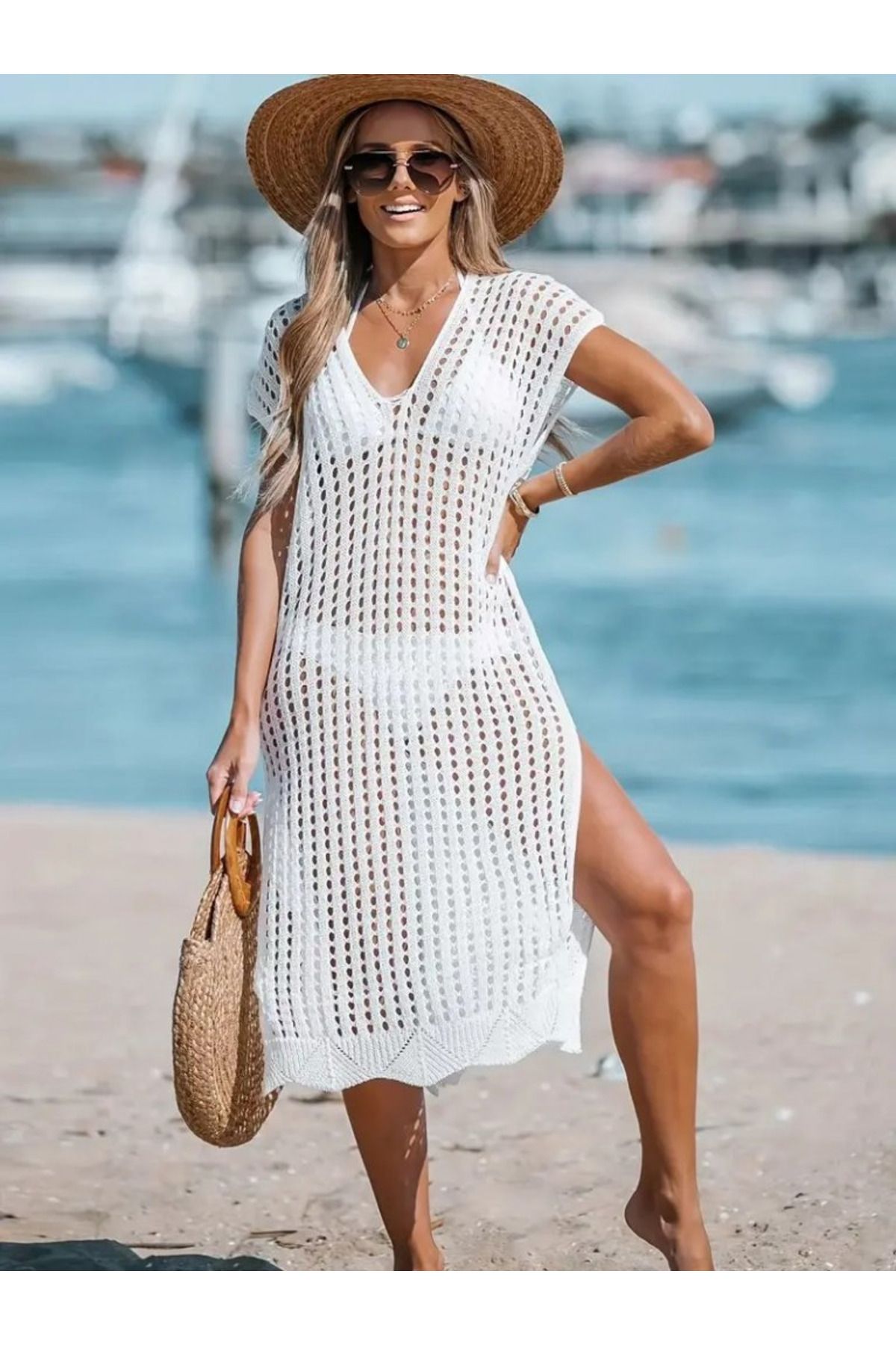 velmorafashion Kadın Sıfır Kol V Yaka Yanı Derin Yırtmaçlı Midi Boy Triko Elbise