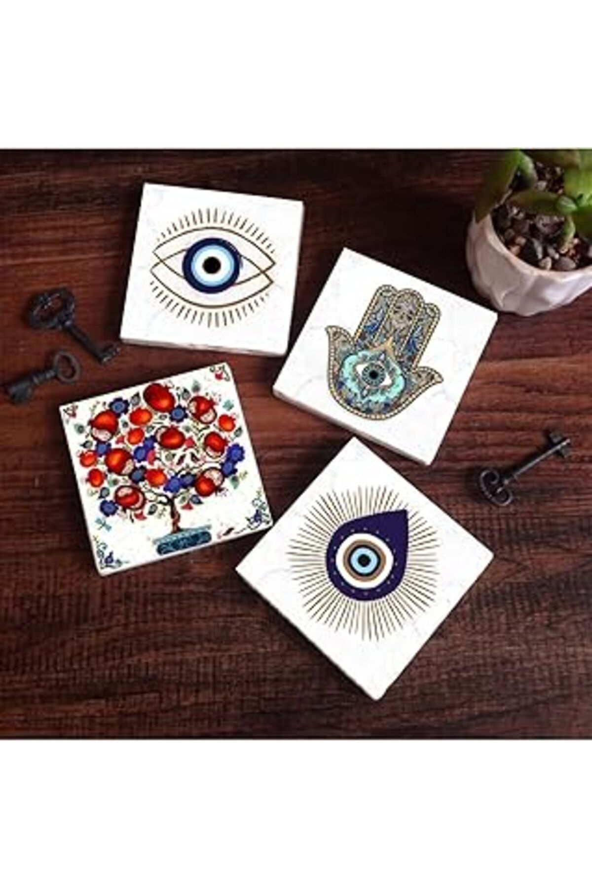 TBSProjects Pinecone Nazar, Nar Ağacı, Fatma Ana Eli (Hamsa) Taş Bardak Altlığı Seti - 4 Parça - Dekoratif, Rus