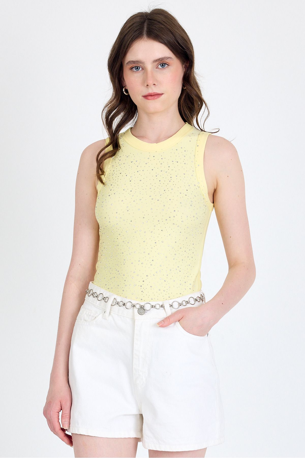 Rays Sarı Taş İşleme Detaylı Halter Yaka Örme Atlet 0349