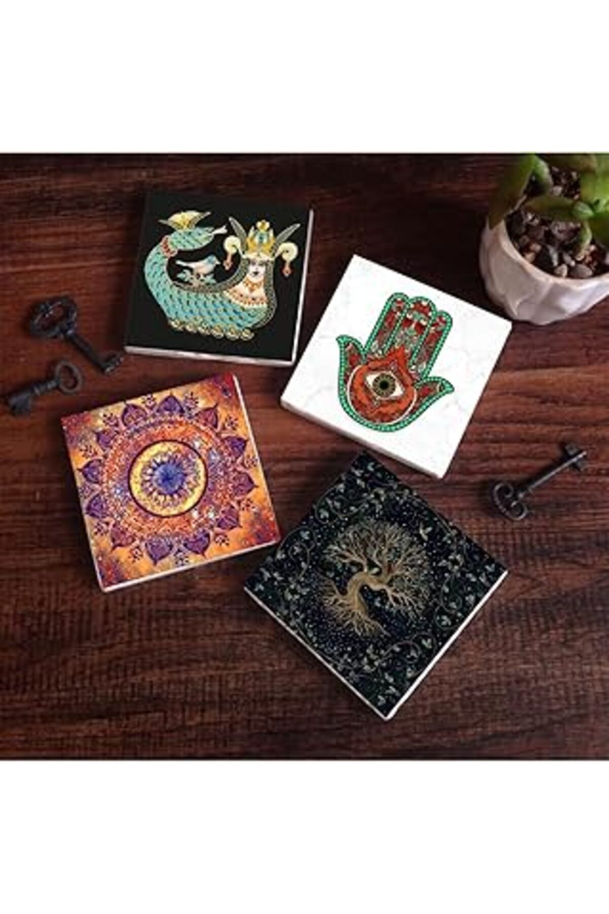 Pİ GLOBAL Pinecone Mandala, Fatma Ana Eli (Hamsa), Hayat Ağacı, Şahmeran Taş Bardak Altlığı Seti - 4 Parça -