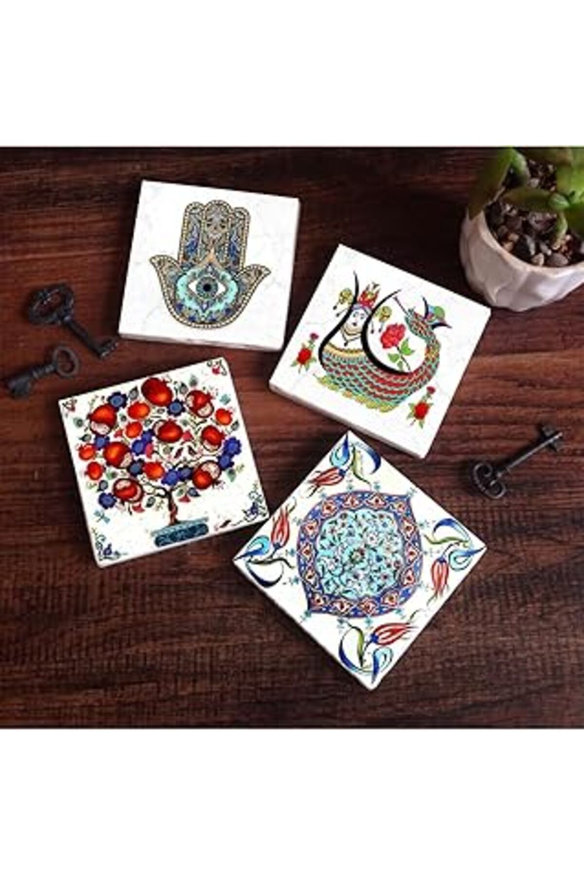 Pİ GLOBAL Pinecone Şahmeran, Çini Sanatı, Nar Ağacı, Fatma Ana Eli (Hamsa) Taş Bardak Altlığı Seti - 4 Parça