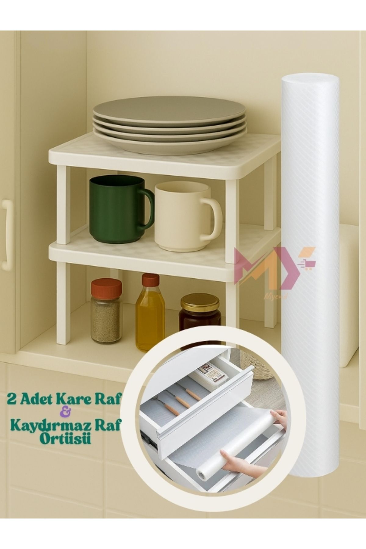 Myend Dolap İçi Set, 2 Adet Kare Raf ve Kaydırmaz Raf Örtüsü(200x30 cm) Seti