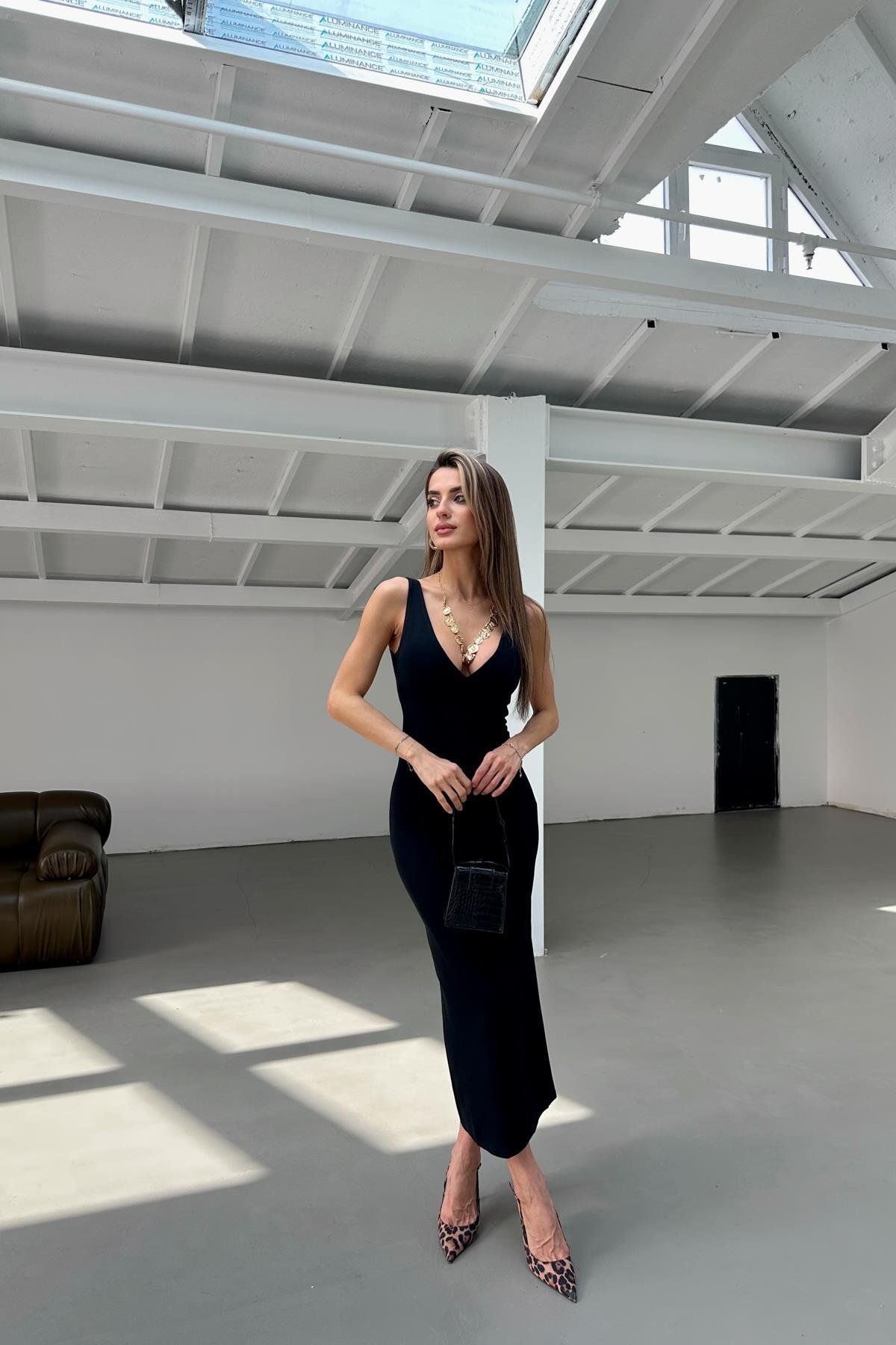 mylove Dikiş Detaylı Midi Elbise Siyah