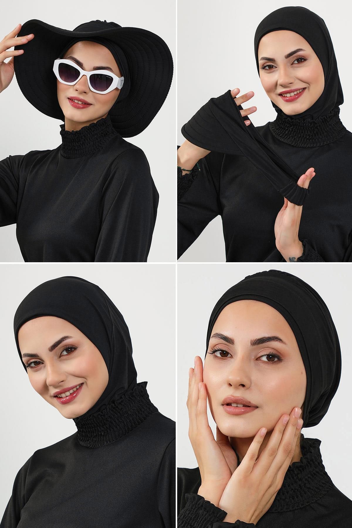 Aisha's Design 4'lü Bone,Siperlik ve Şapka Seti Tesettür (Deniz,Havuz) Yüzücü Bonesi,ST-3SN