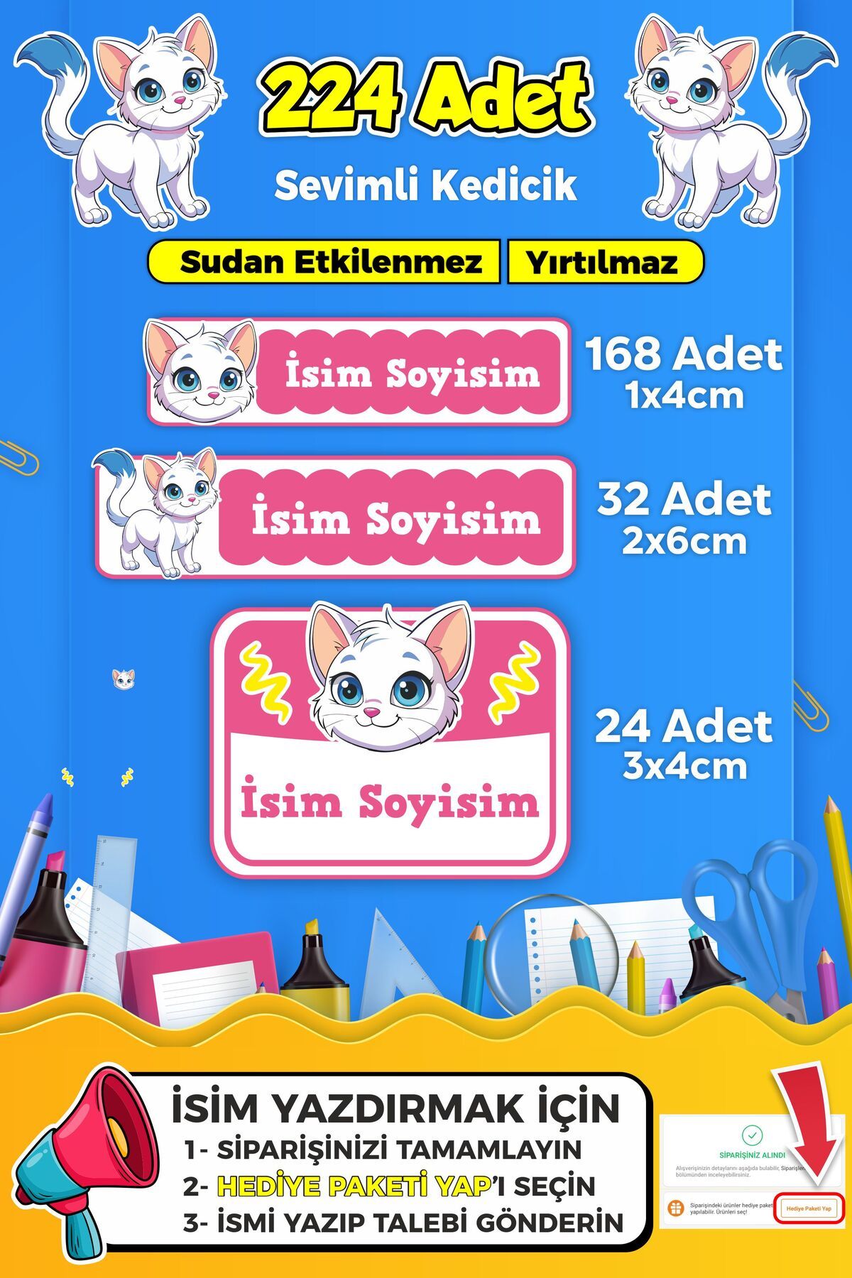 SB store Sevimli Kedi Temalı Okul Kreş Kişiye Özel isim Etiket Seti - Model 377
