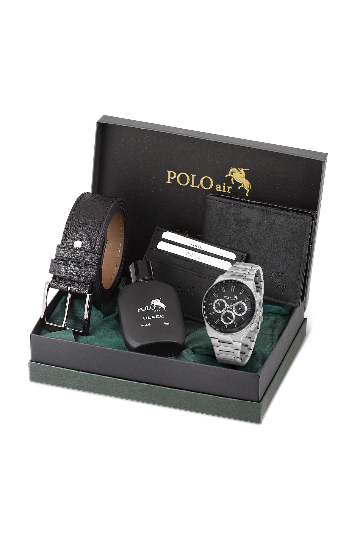 Polo Air Erkek Kol Saati Cüzdan Kemer Kartlık Parfüm Kombin Set Gümüş Siyah Renk PL-0990E3