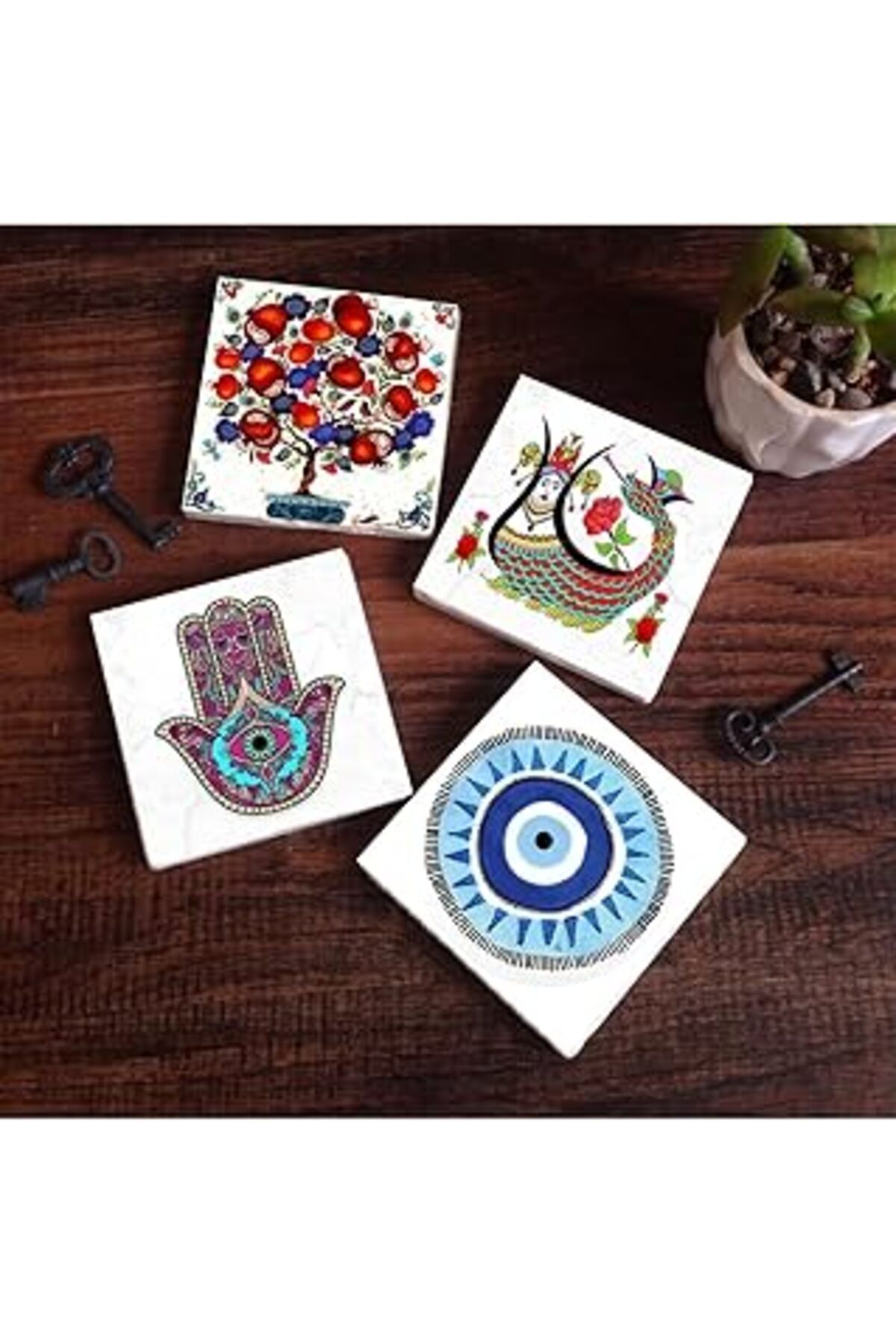 TBSProjects Pinecone Nazar, Fatma Ana Eli (Hamsa), Şahmeran, Nar Ağacı Taş Bardak Altlığı Seti - 4 Parça - Deko