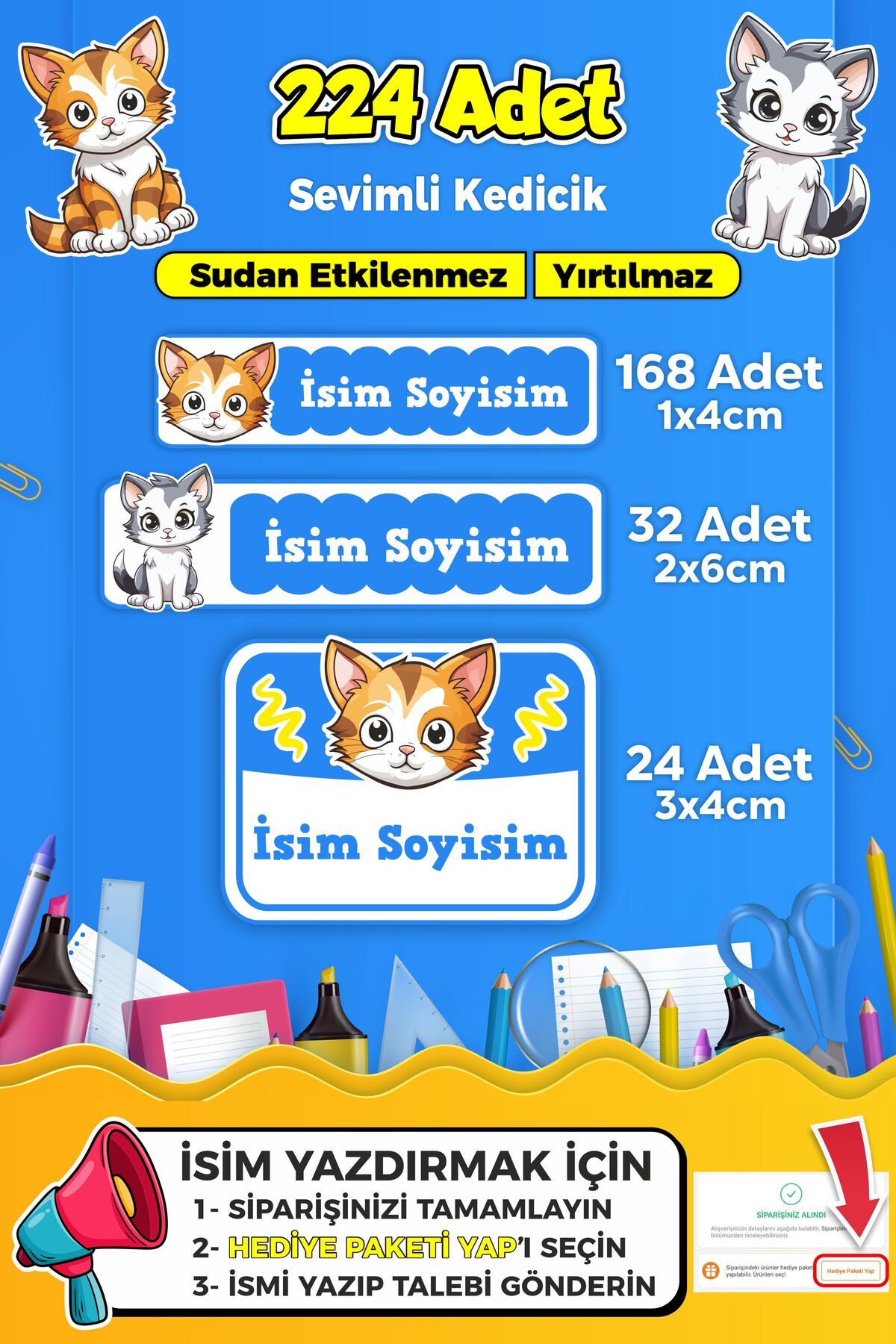 SB store Sevimli Kedi Temalı Okul Kreş Kişiye Özel isim Etiket Seti - Model 368